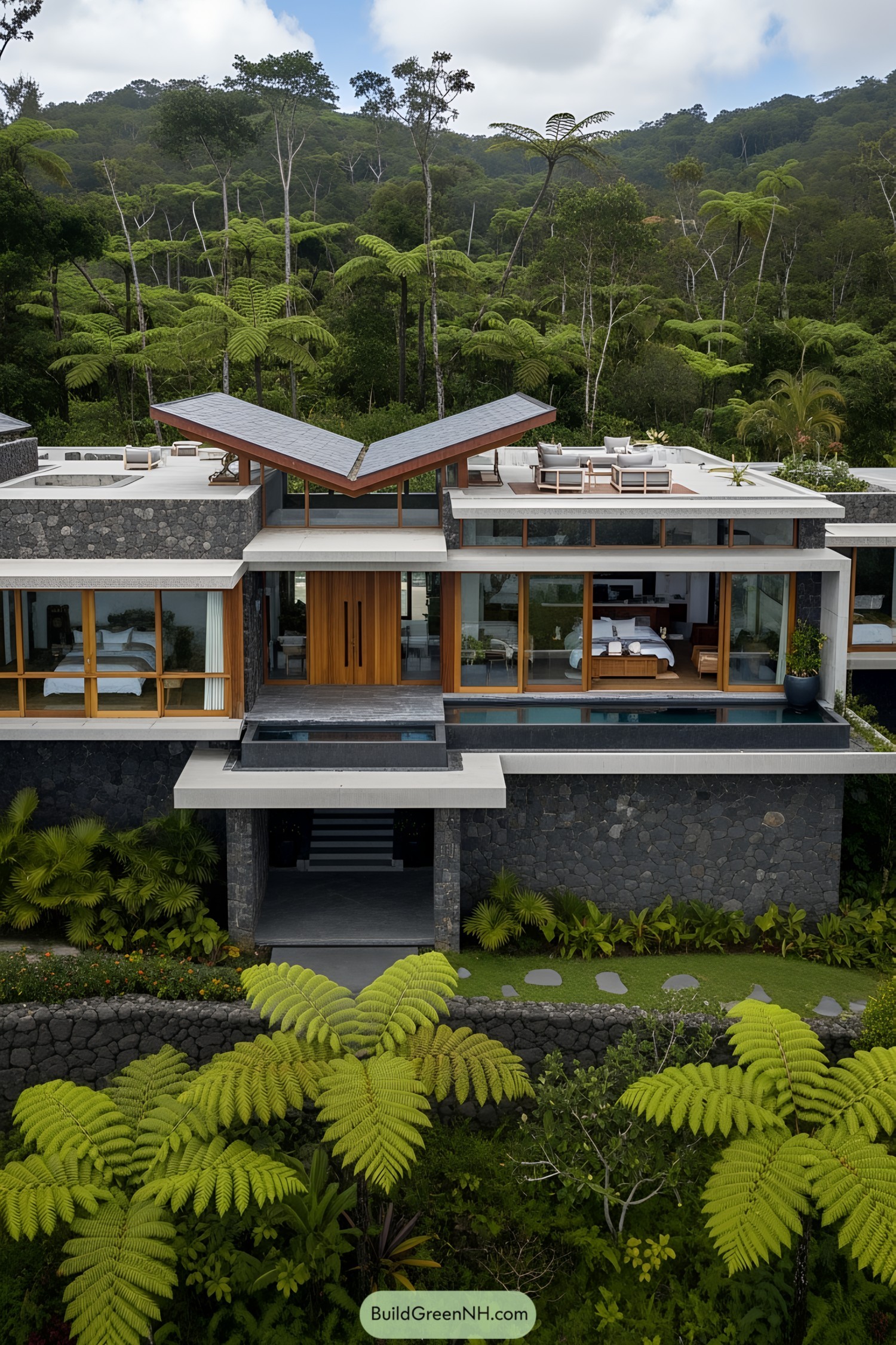 Tropical modern house with volcanic stone facade