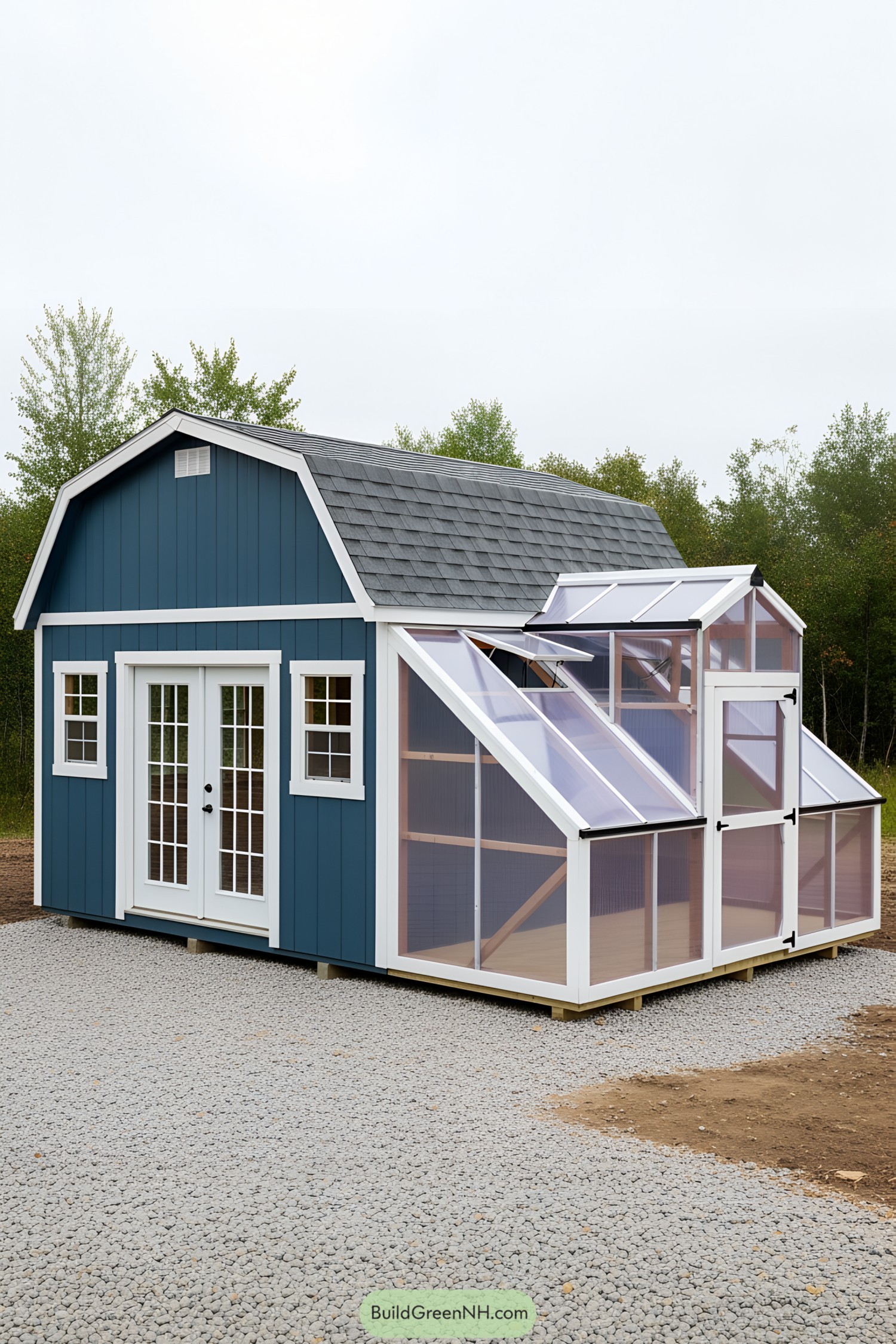 A charming shed with an attached greenhouse, displaying a modern rustic vibe