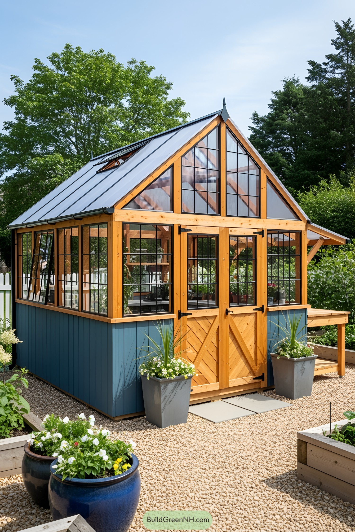 A charming wooden and glass greenhouse shed in a lush garden