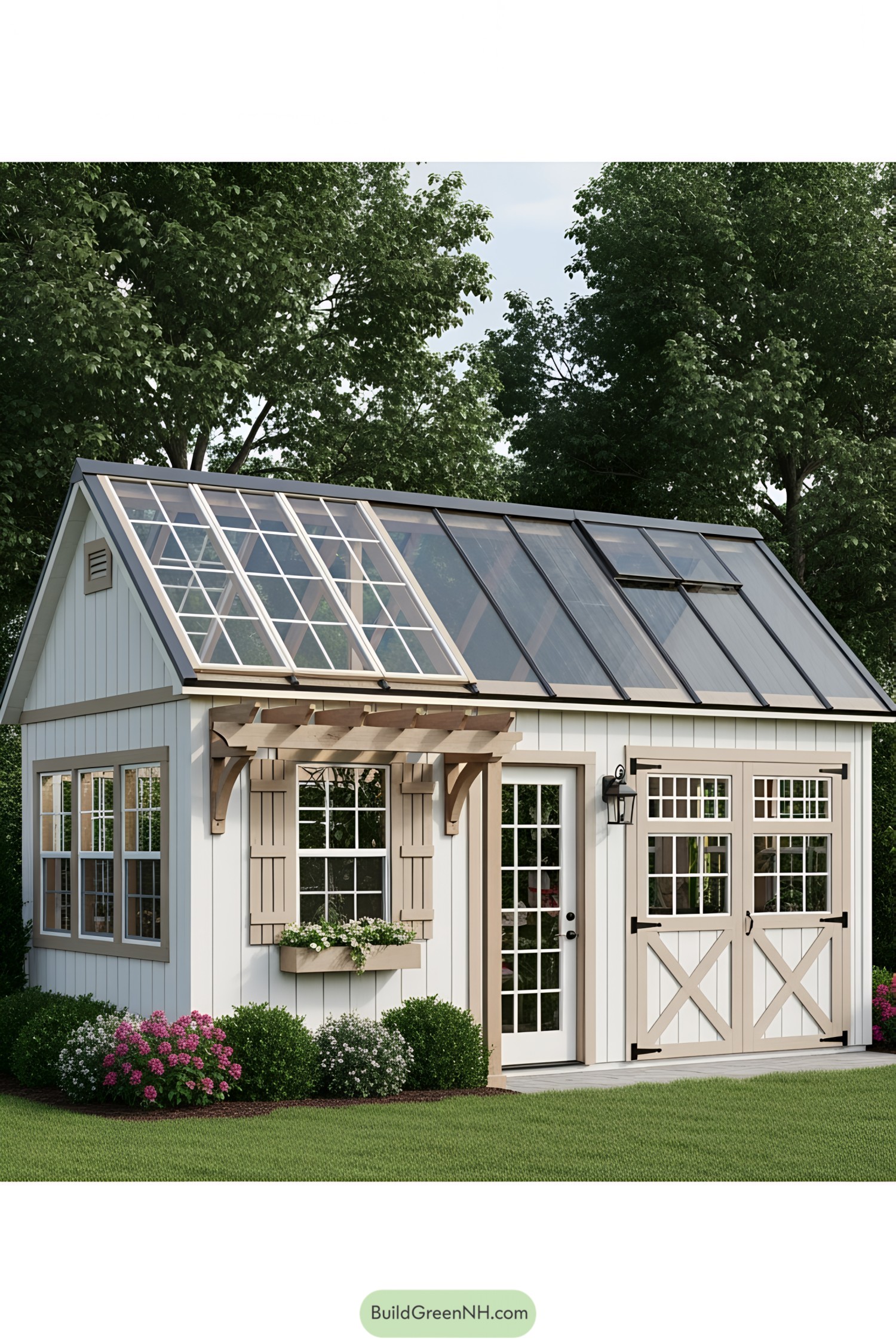 Charming greenhouse shed with a blend of wood and glass elements