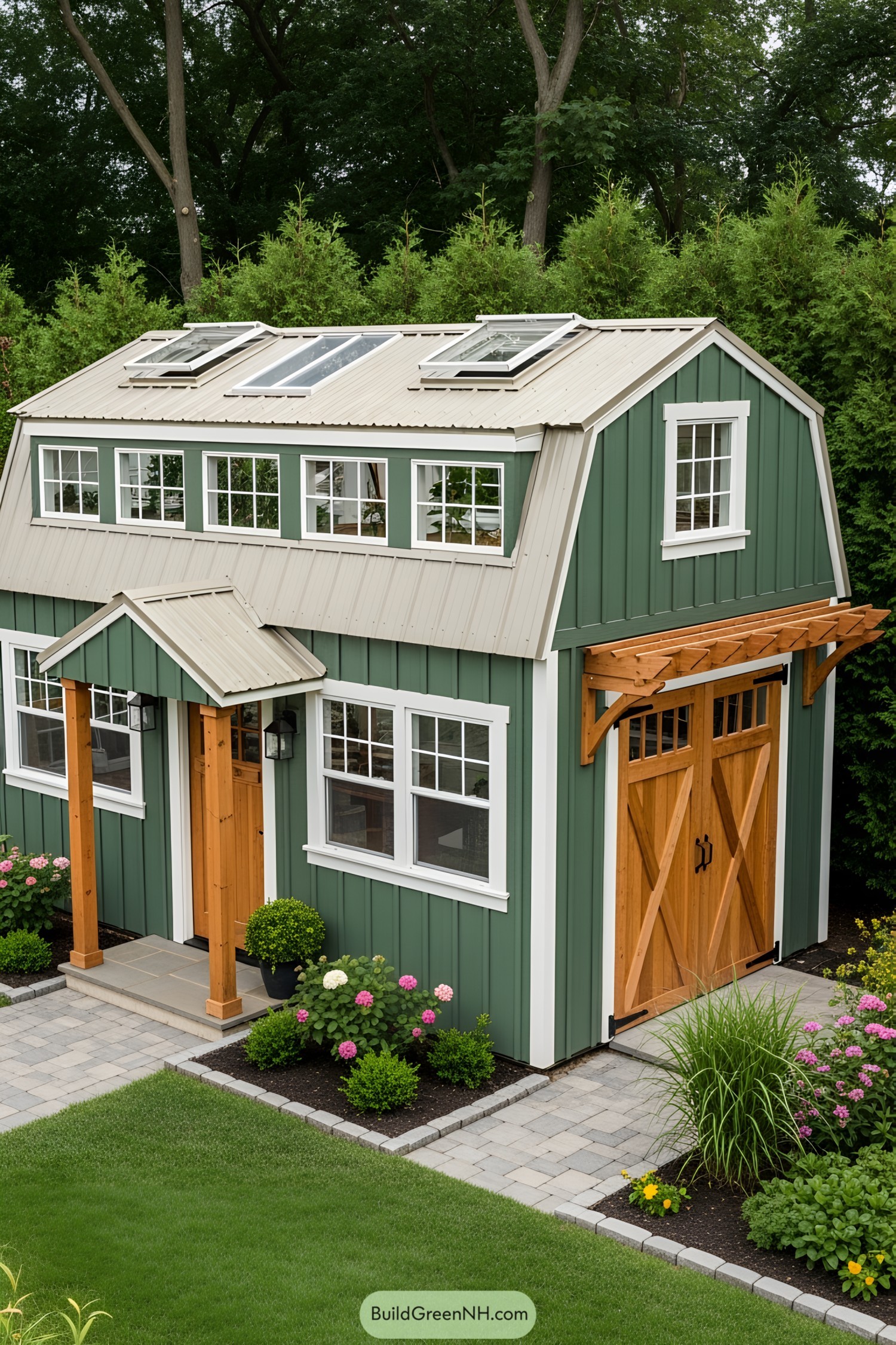 Greenhouse shed combo with skylights and wooden doors