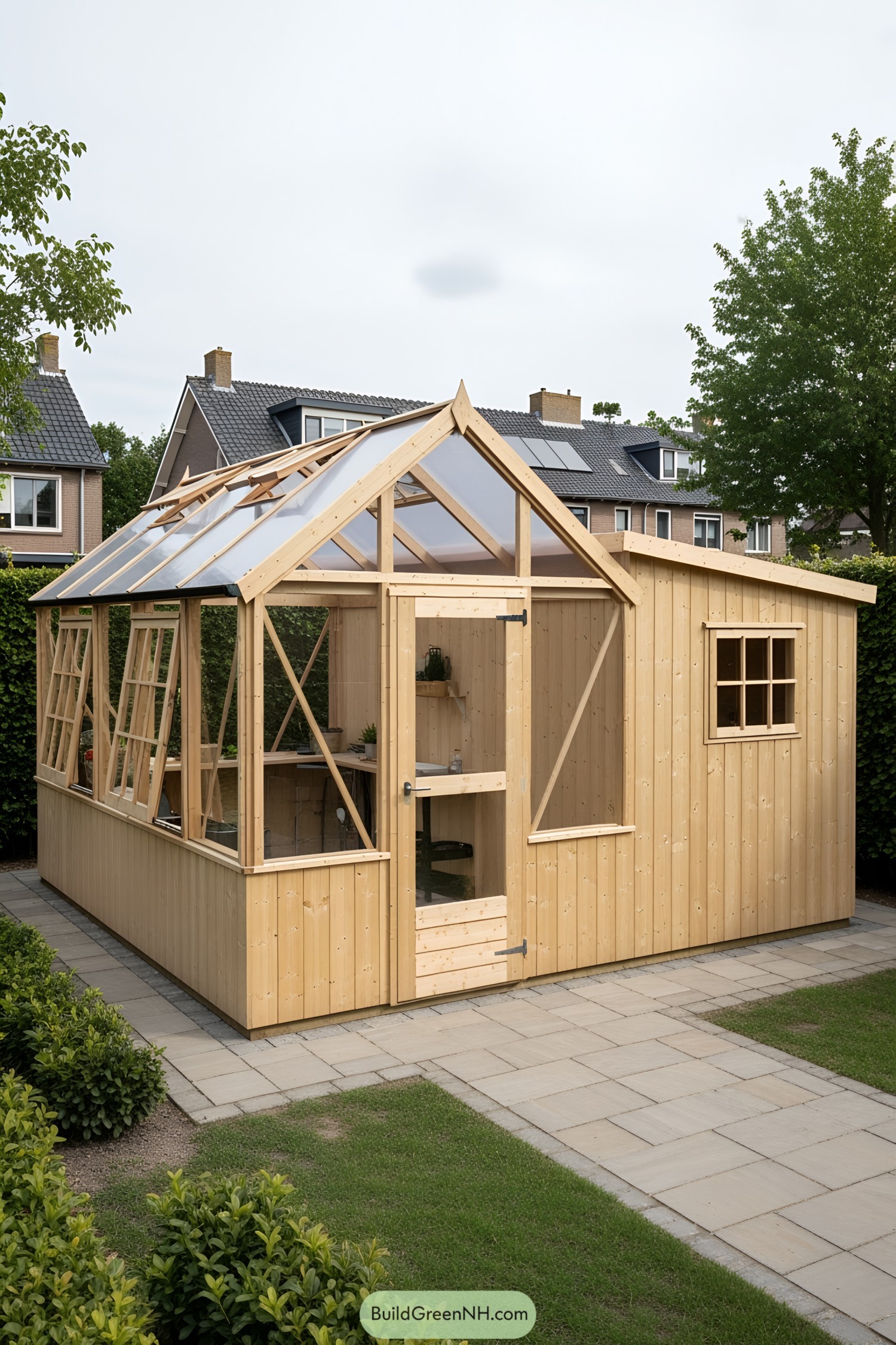 Wooden shed with glass roof panels