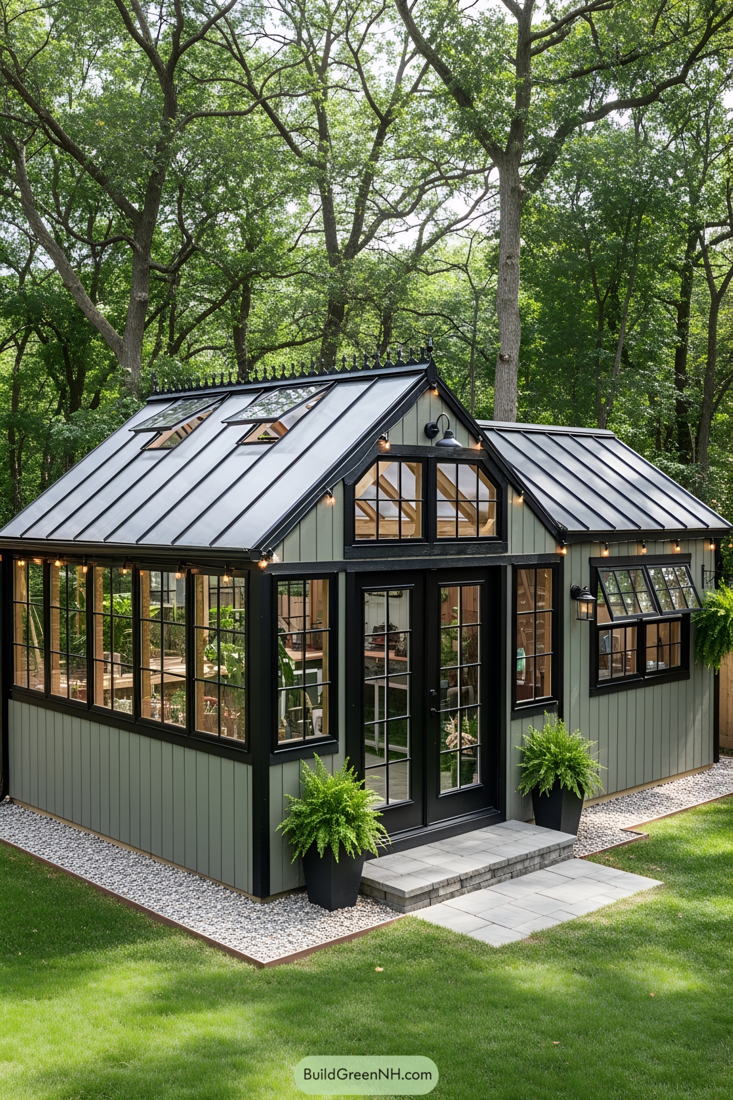 Charming greenhouse and shed combo amidst tall trees