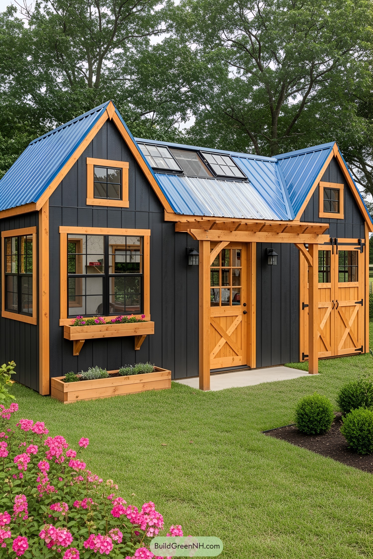 Cozy shed with a vibrant blue roof in a garden
