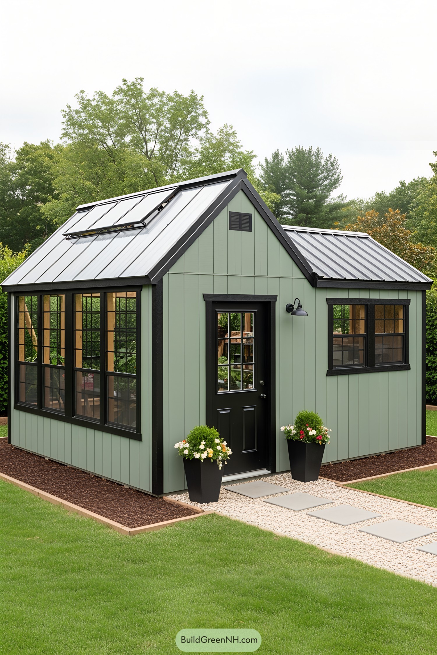 Greenhouse shed with black trim and solar panels