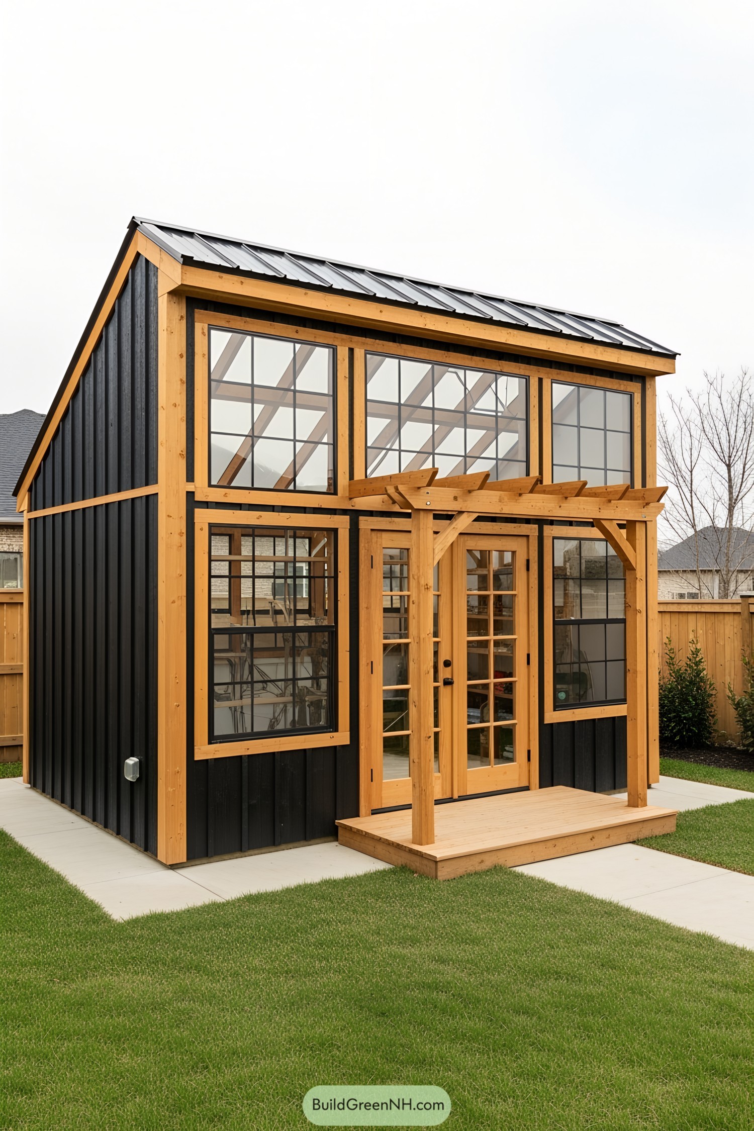 Modern greenhouse shed with wooden and glass facade