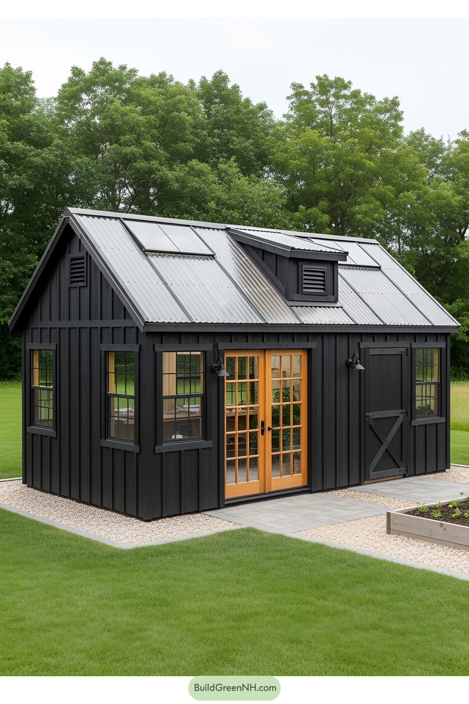 Black shed with wooden doors in a garden setting