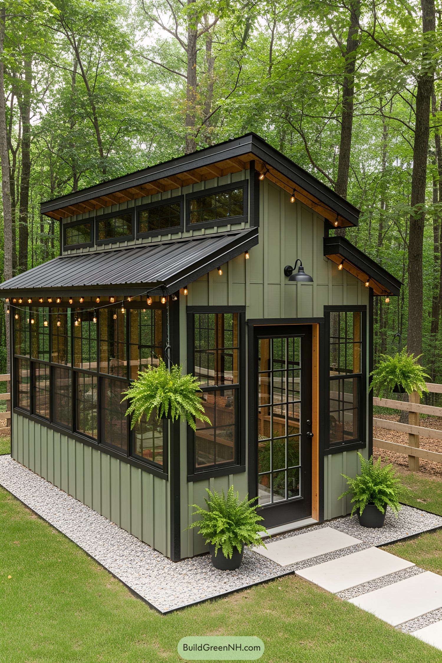 A modern greenhouse shed combo in a lush forest setting