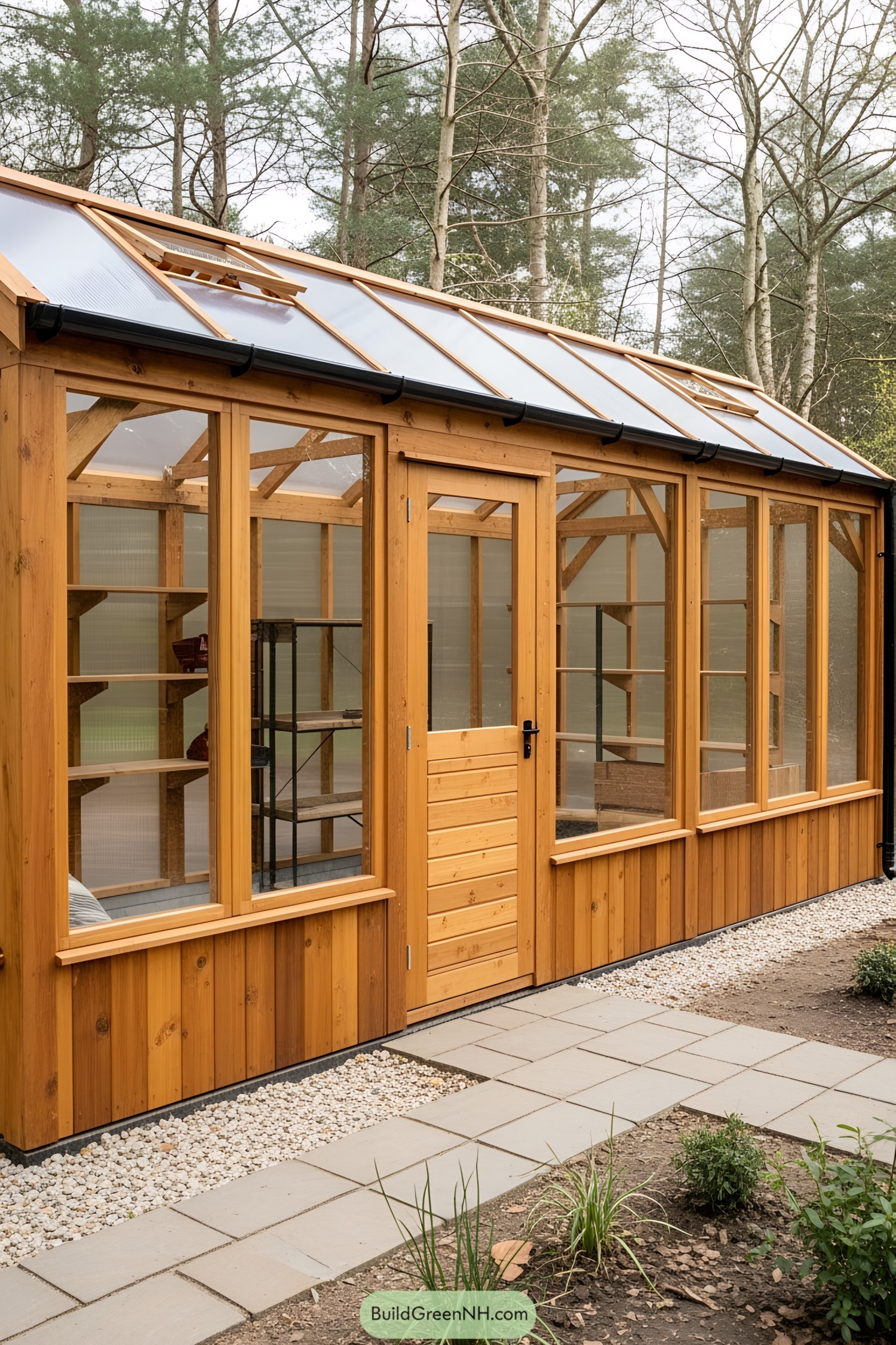 Wooden greenhouse structure with glass windows