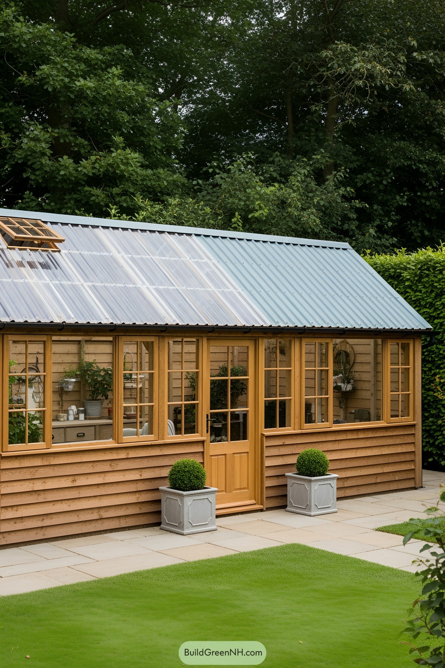 Greenhouse and shed combo with wooden and glass elements