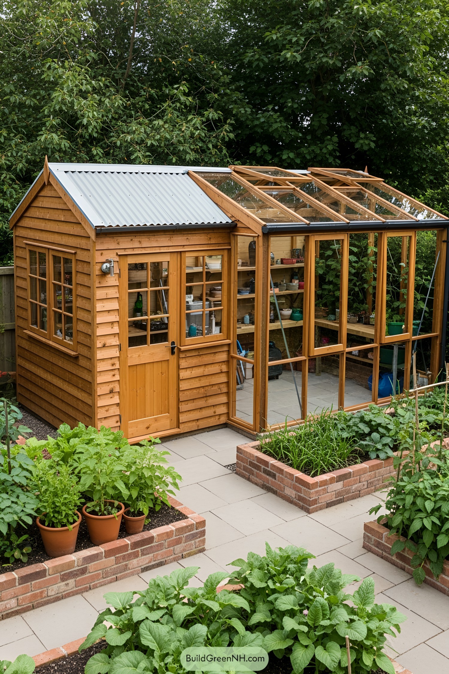 Wooden shed and glass greenhouse combination surrounded by lush greenery and planter boxes