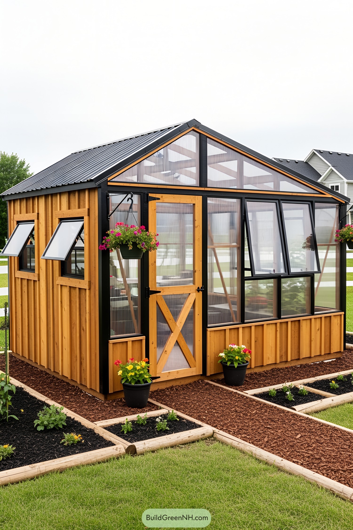 Wooden greenhouse shack with vibrant flower pots
