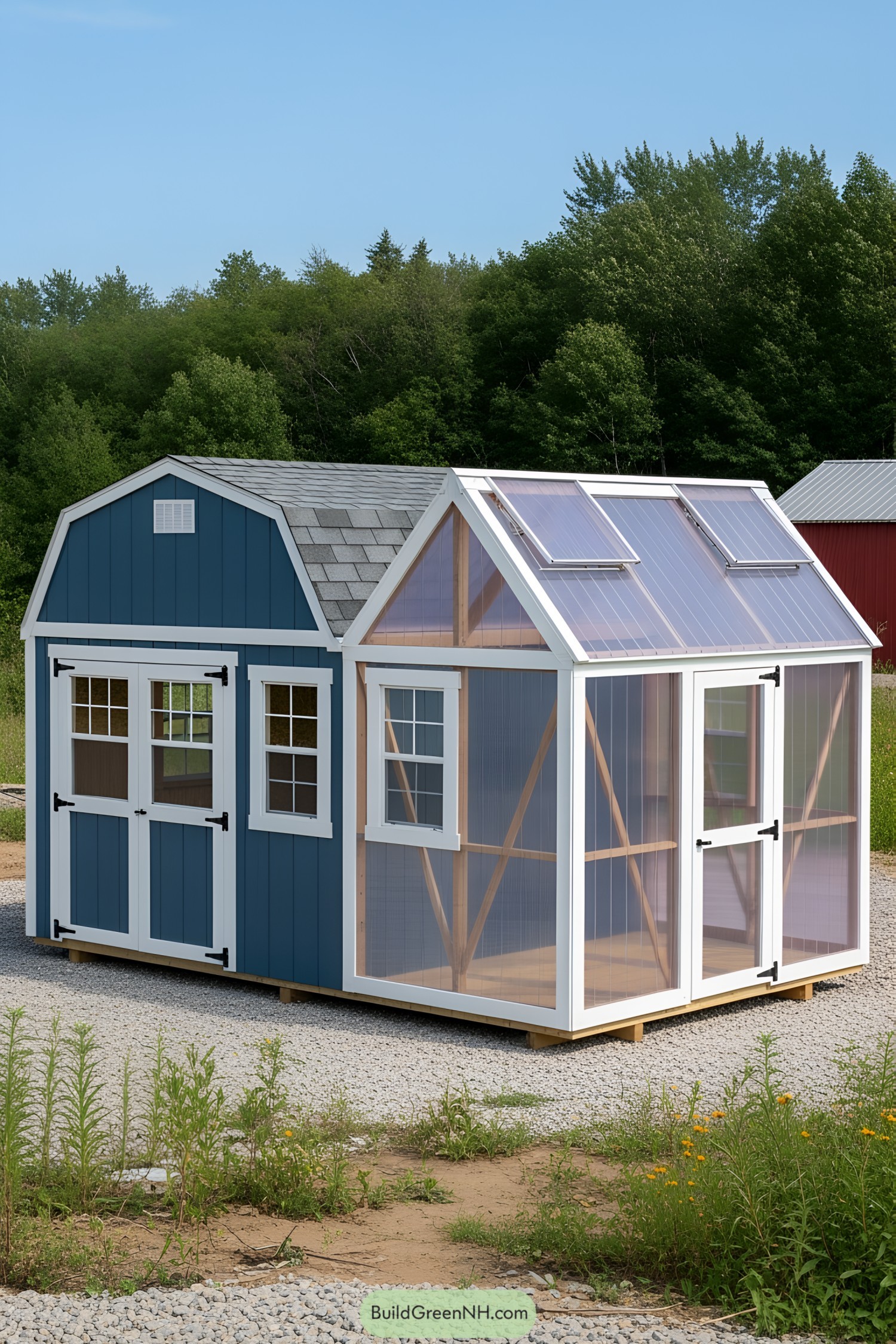 Blue shed with an attached greenhouse