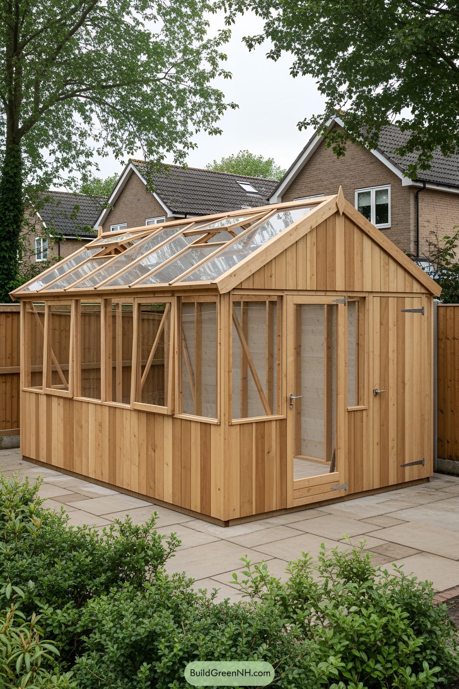 Wooden shed with a glass roof and lush surroundings