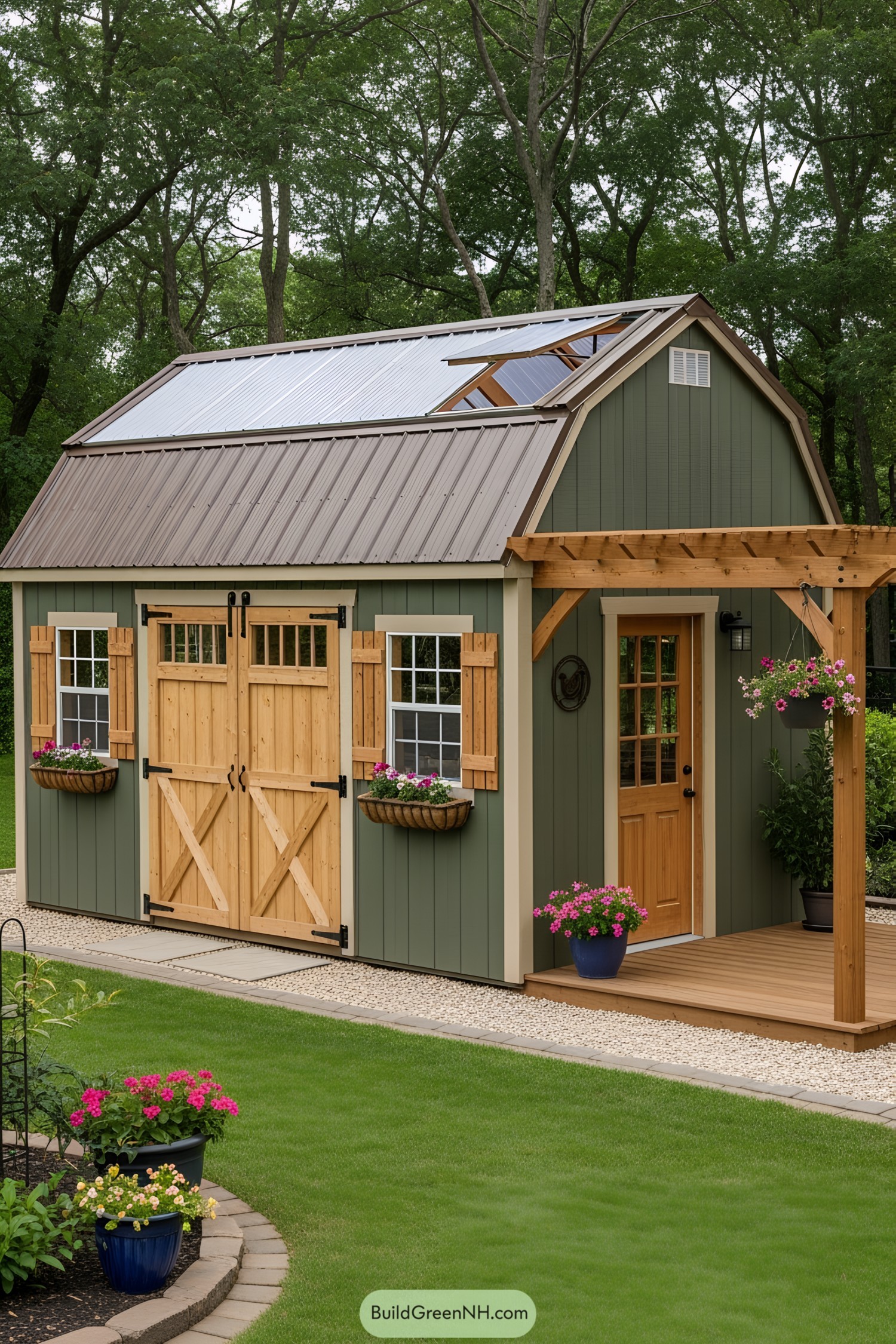 Greenhouse shed with wooden accents and solar panels