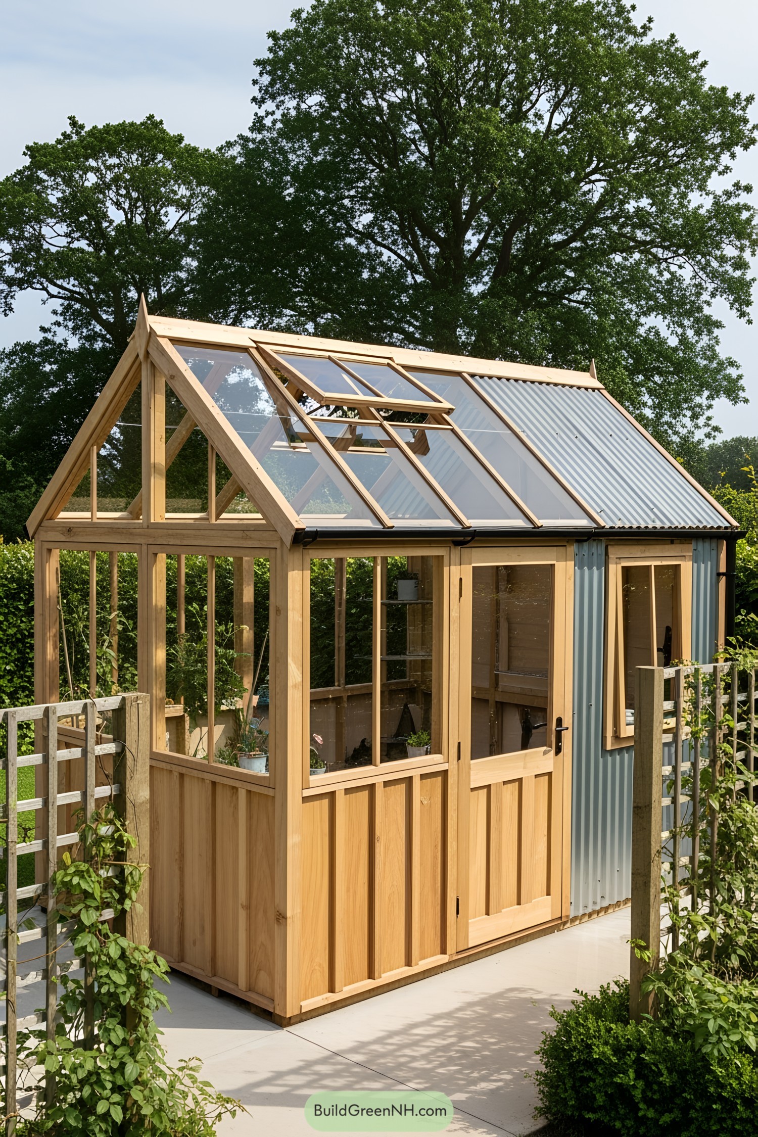 Wood and glass greenhouse shed with open windows