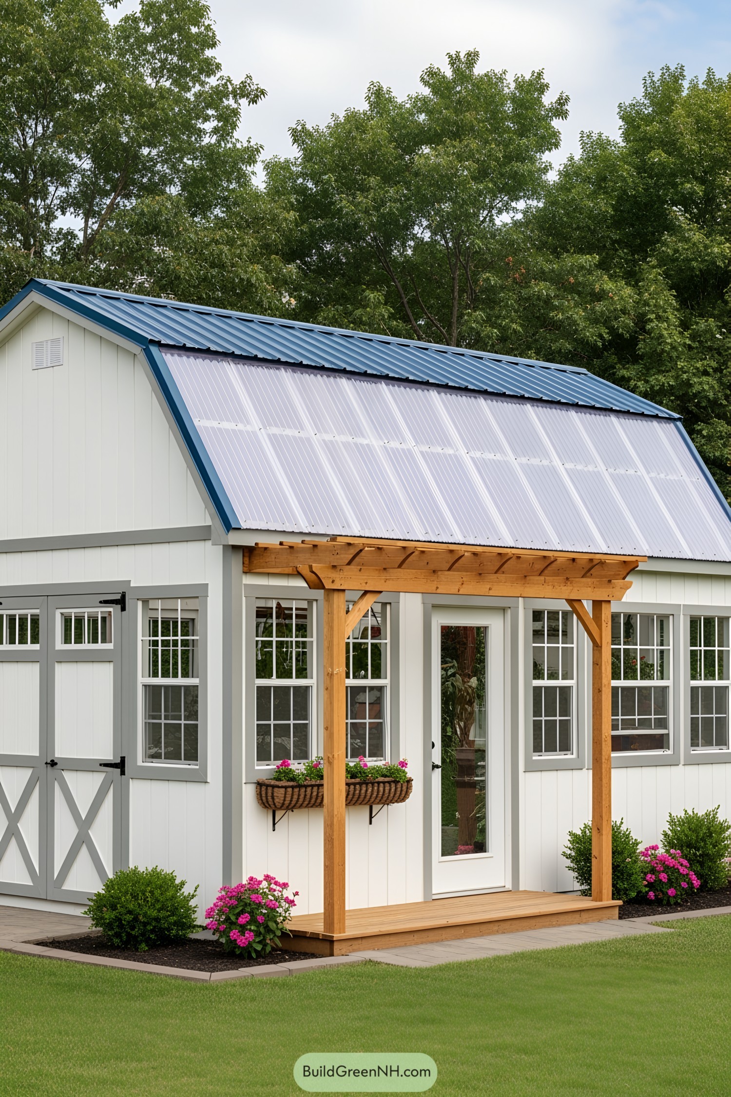 Compact greenhouse shed with blue roof and flower boxes