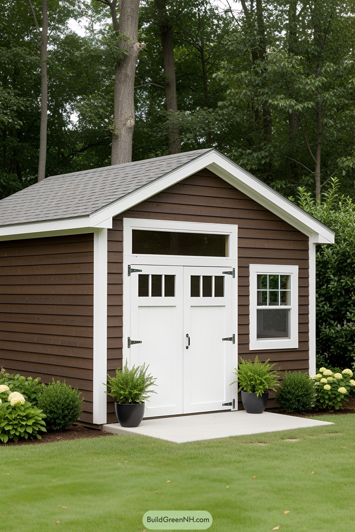 Charming shed with white doors and lush greenery