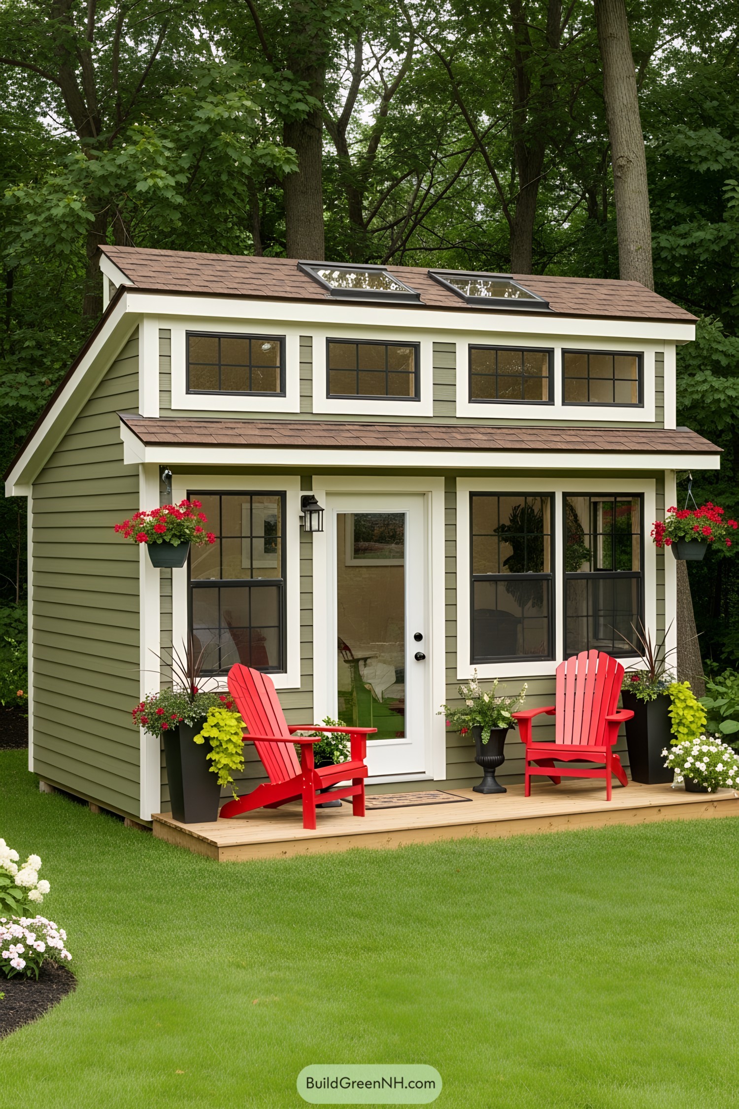 Charming guest house shed with vibrant red chairs
