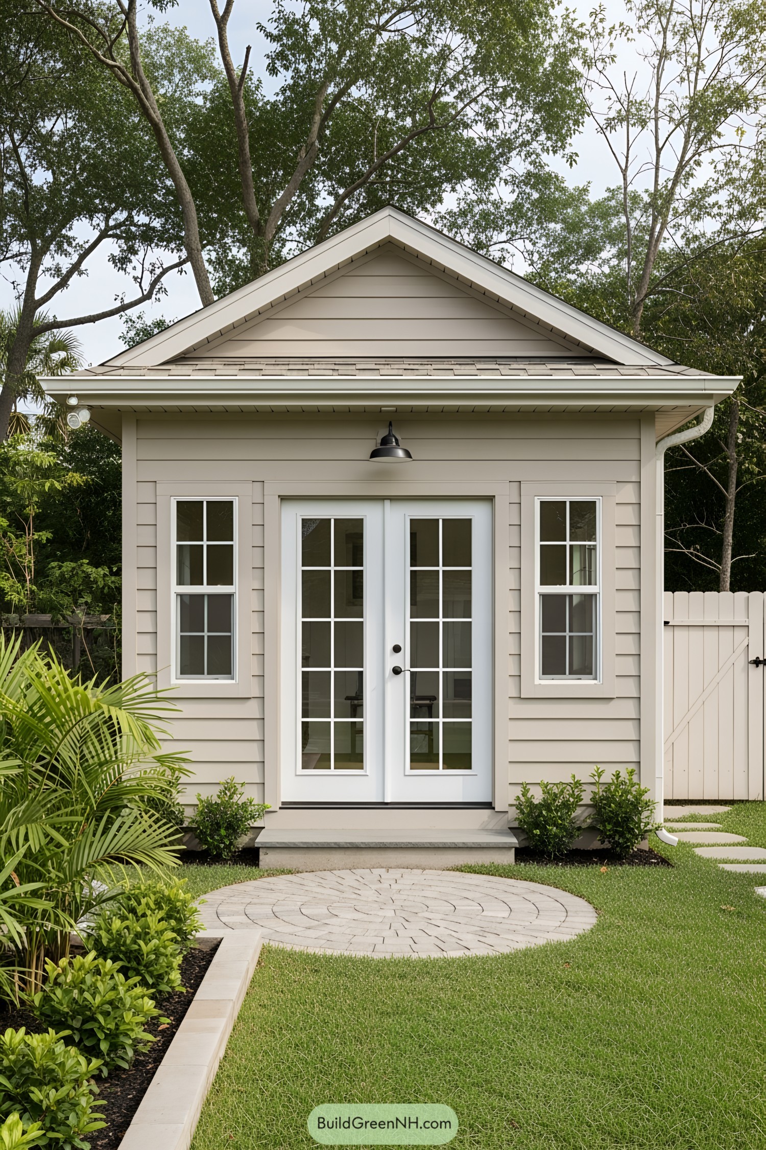 Charming guest house shed with French doors and lush surroundings