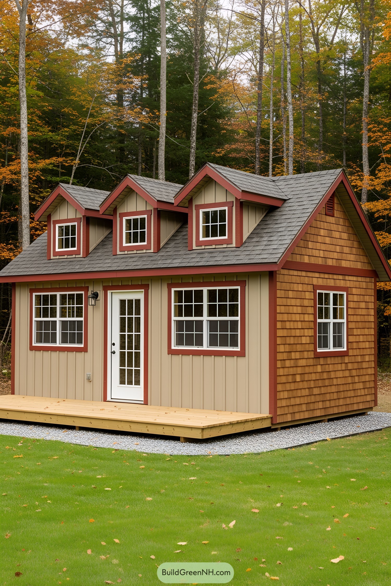Cozy shed with red trim in forest