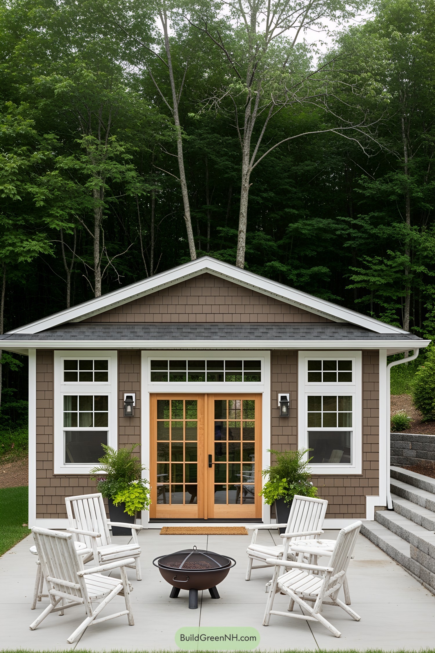 Guest house shed with wooden doors and white seating