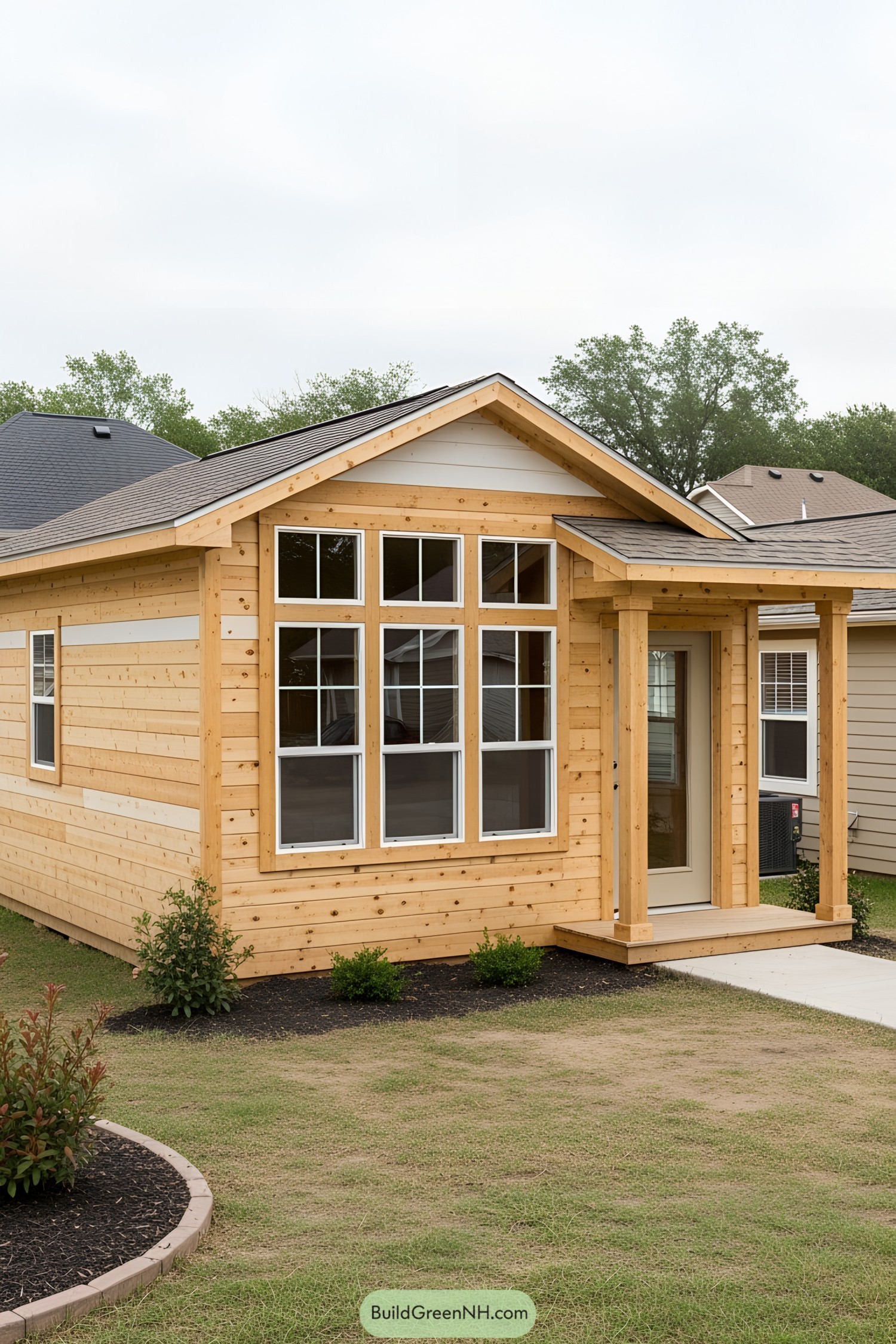 Small wooden guest house with large windows