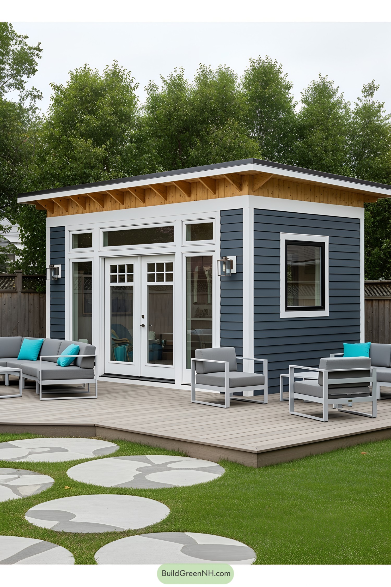 Compact shed with blue siding and large windows