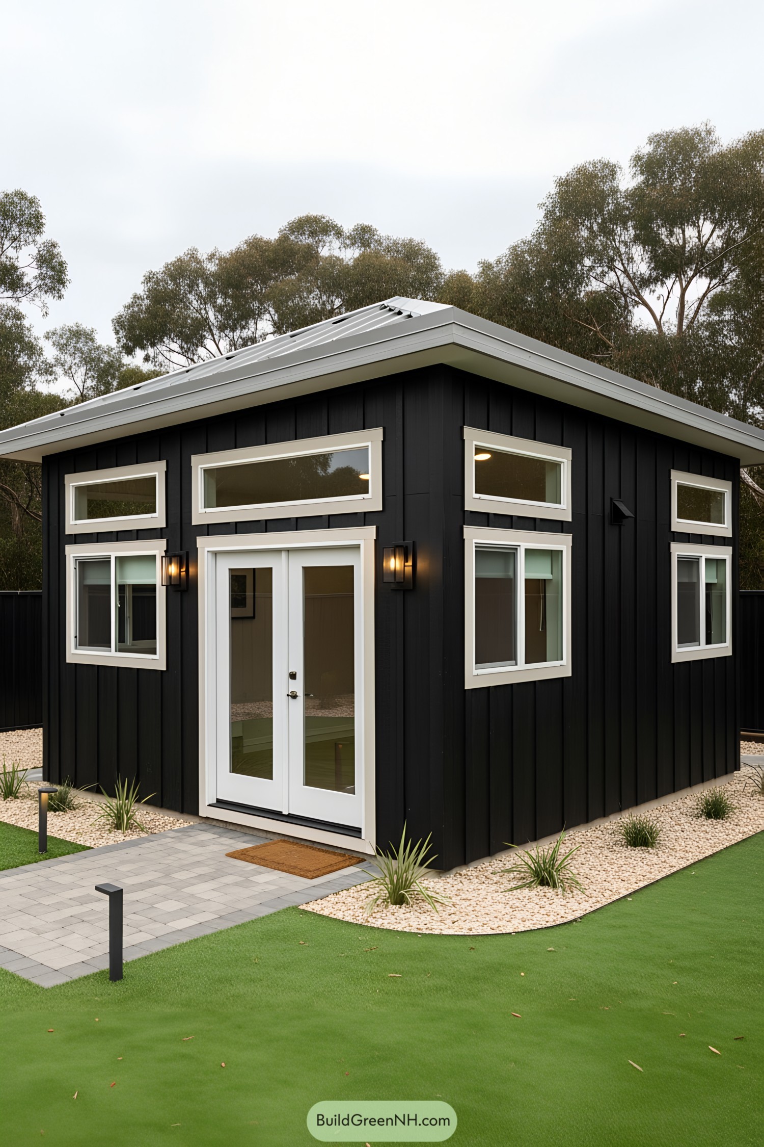 Small black guest house with white-trimmed windows and a metal roof