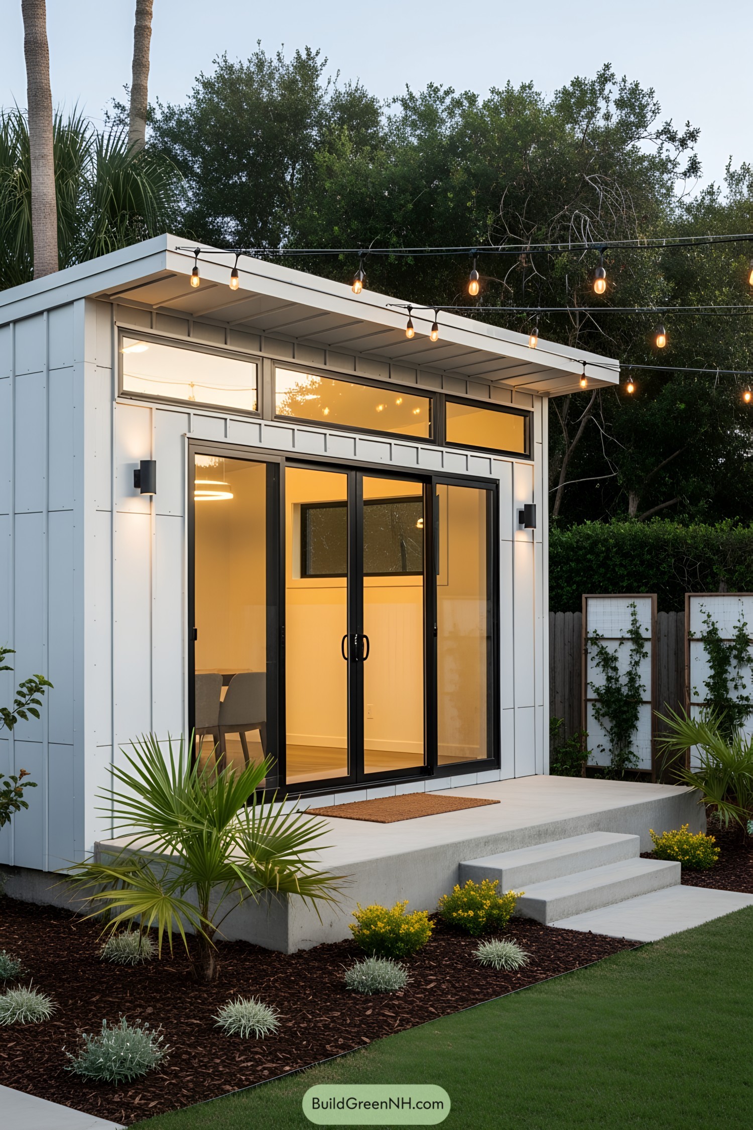 Modern guest house with glass doors and lights