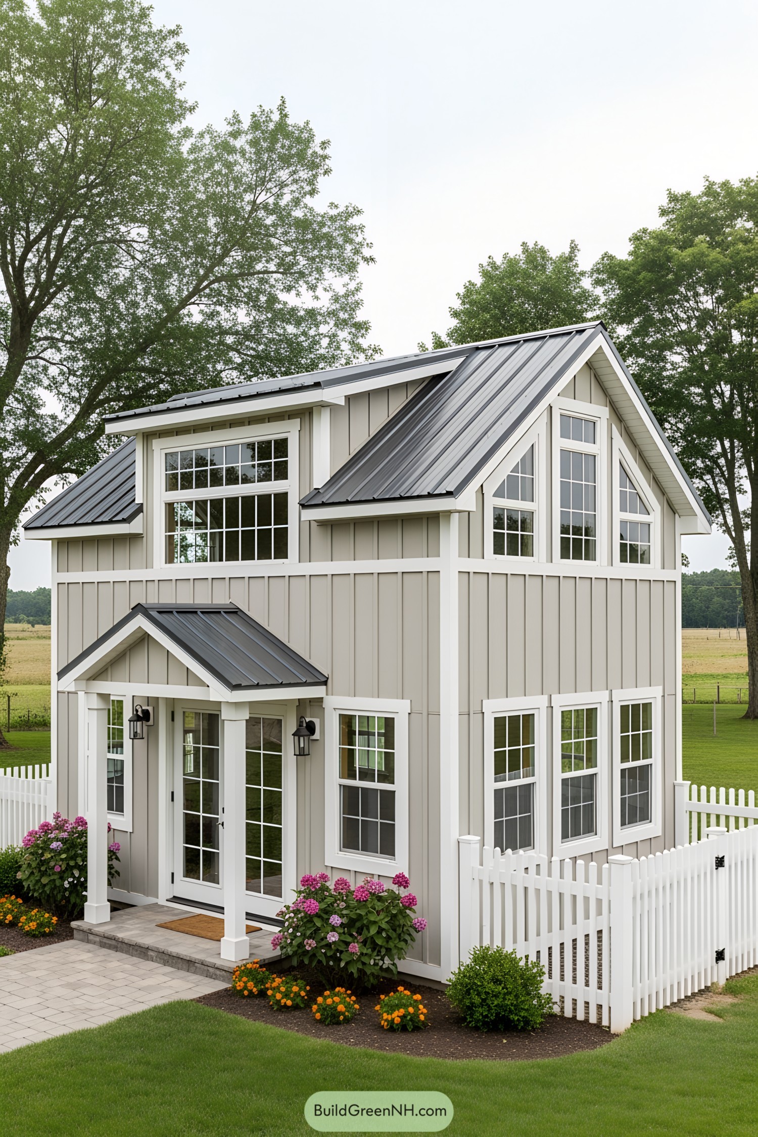 Compact guest house with gray siding and white trim