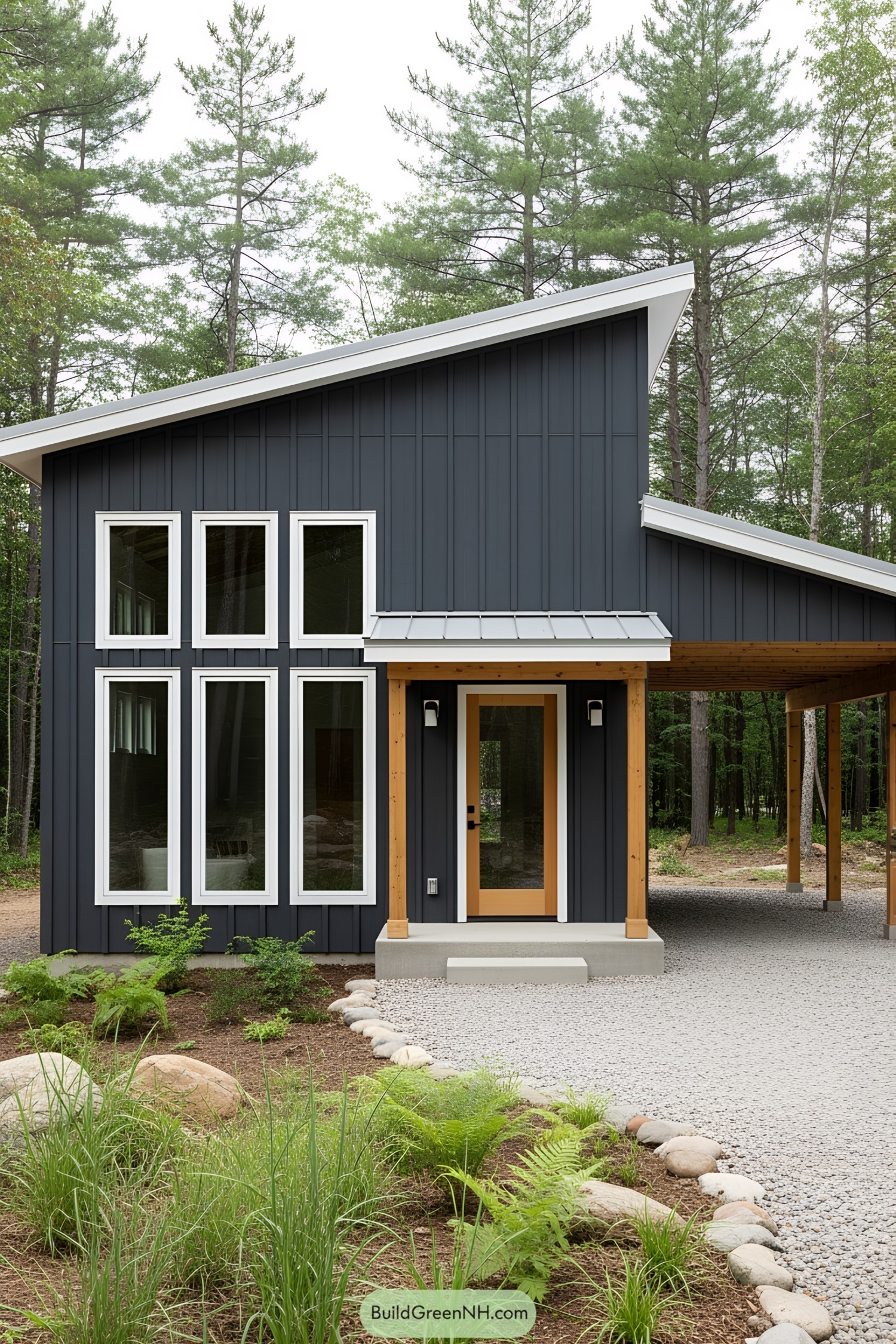 Compact shed-style guest house with dark blue siding and large windows