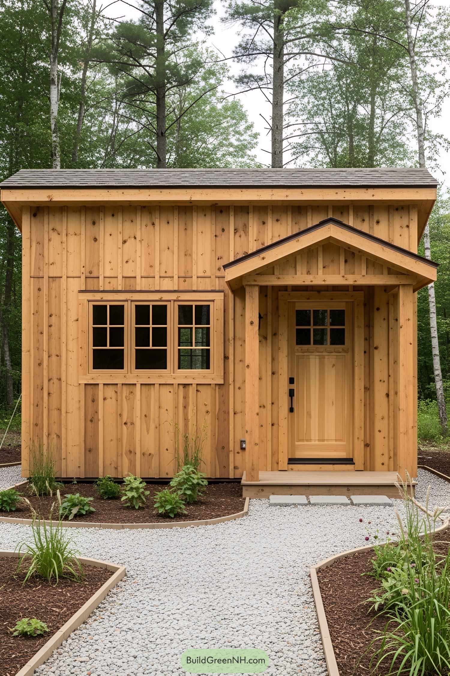 Wooden guest house with gravel path