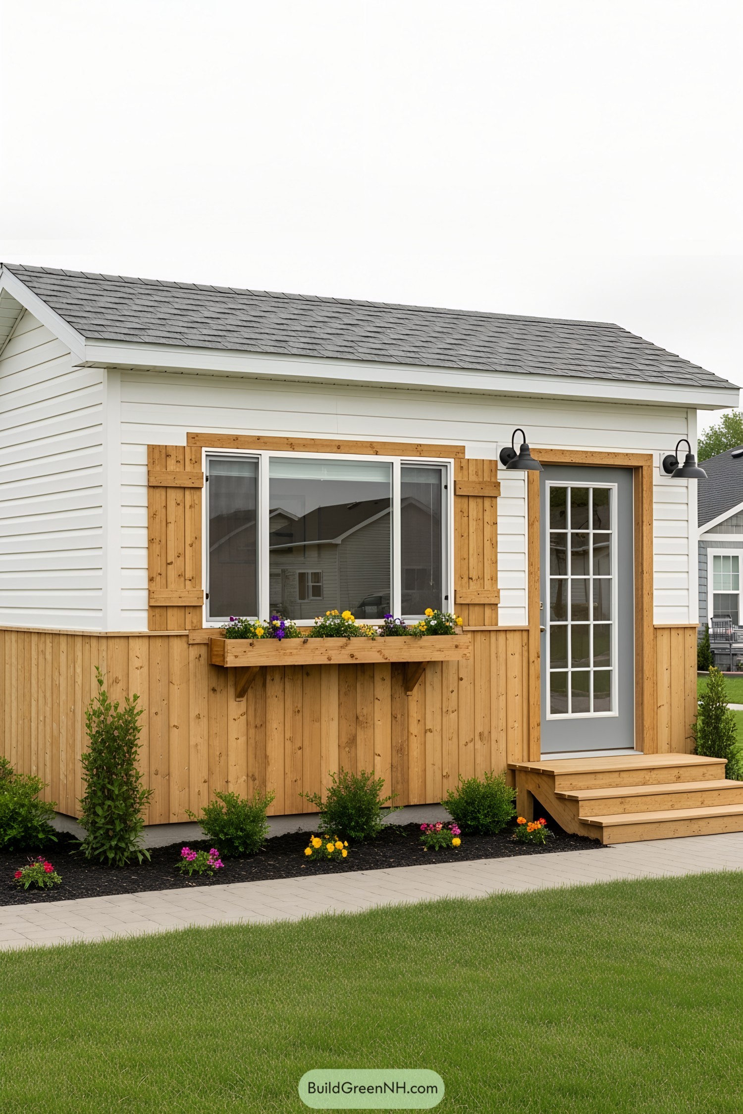 Compact shed with wooden exterior and potted flowers