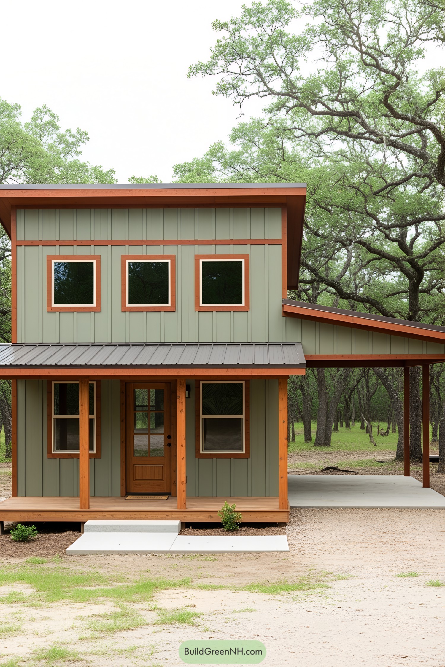 Small guest house with green siding and wooden trim, surrounded by trees