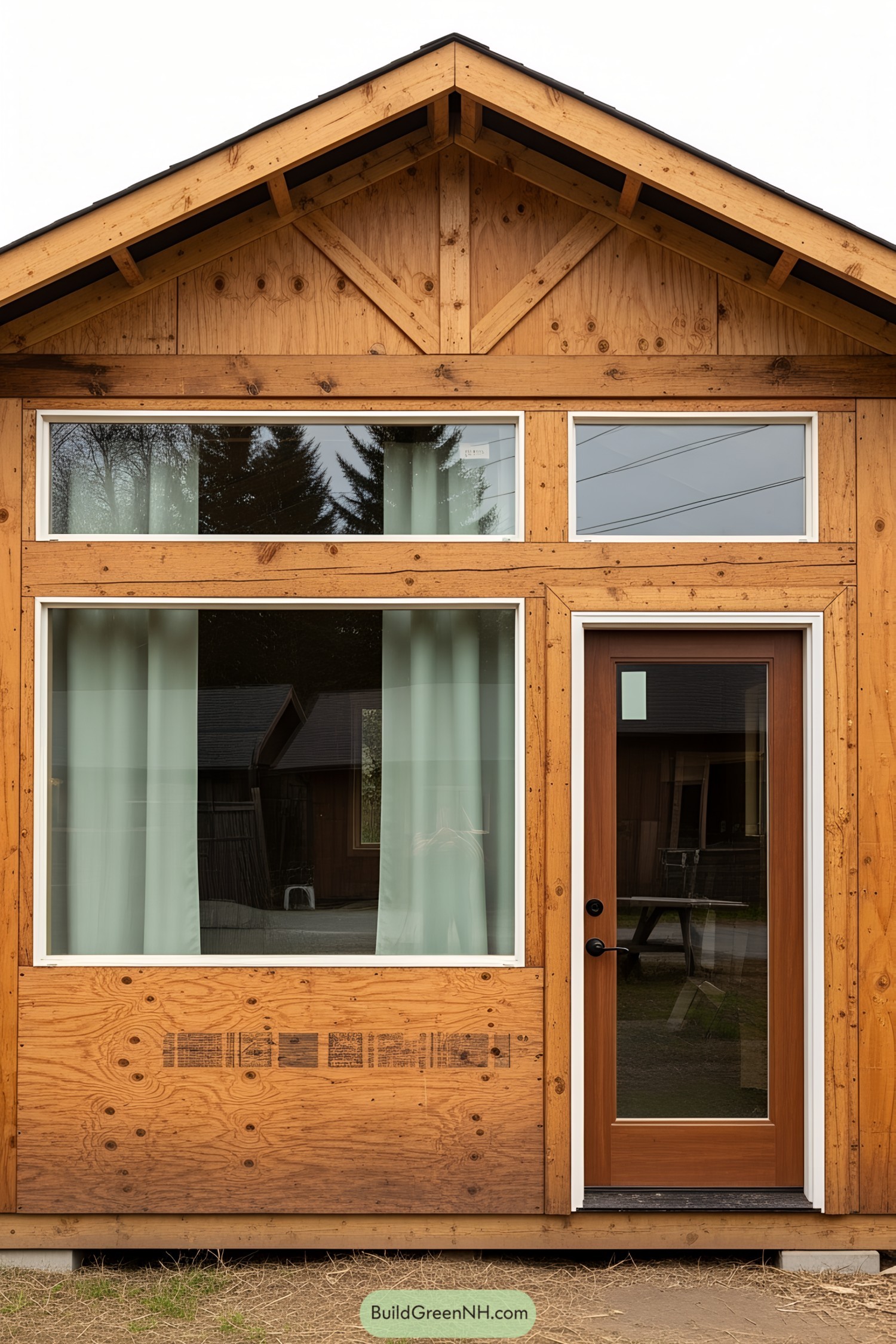 Wooden guest house front with large windows