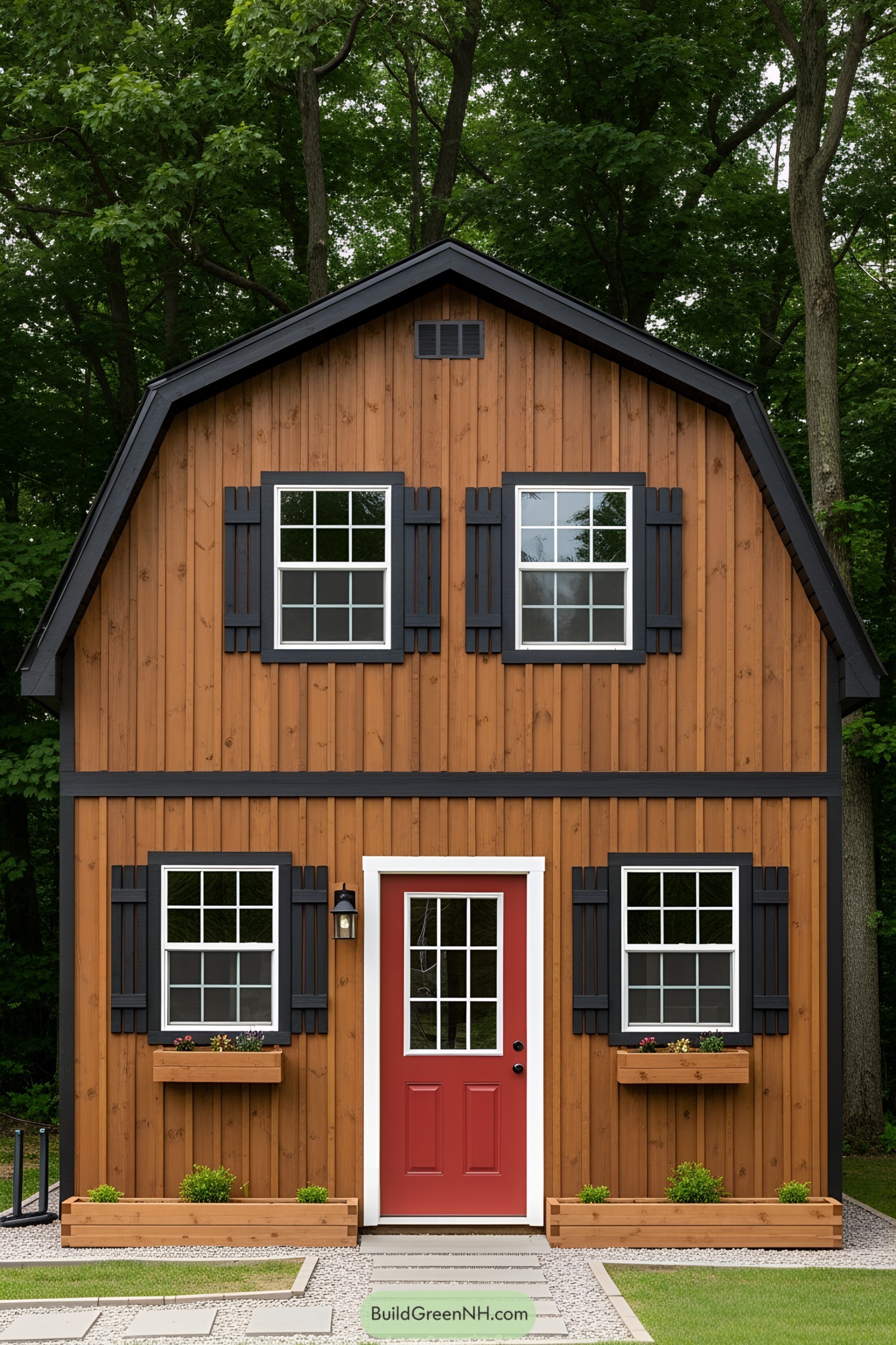 Cozy wooden guest house with red door
