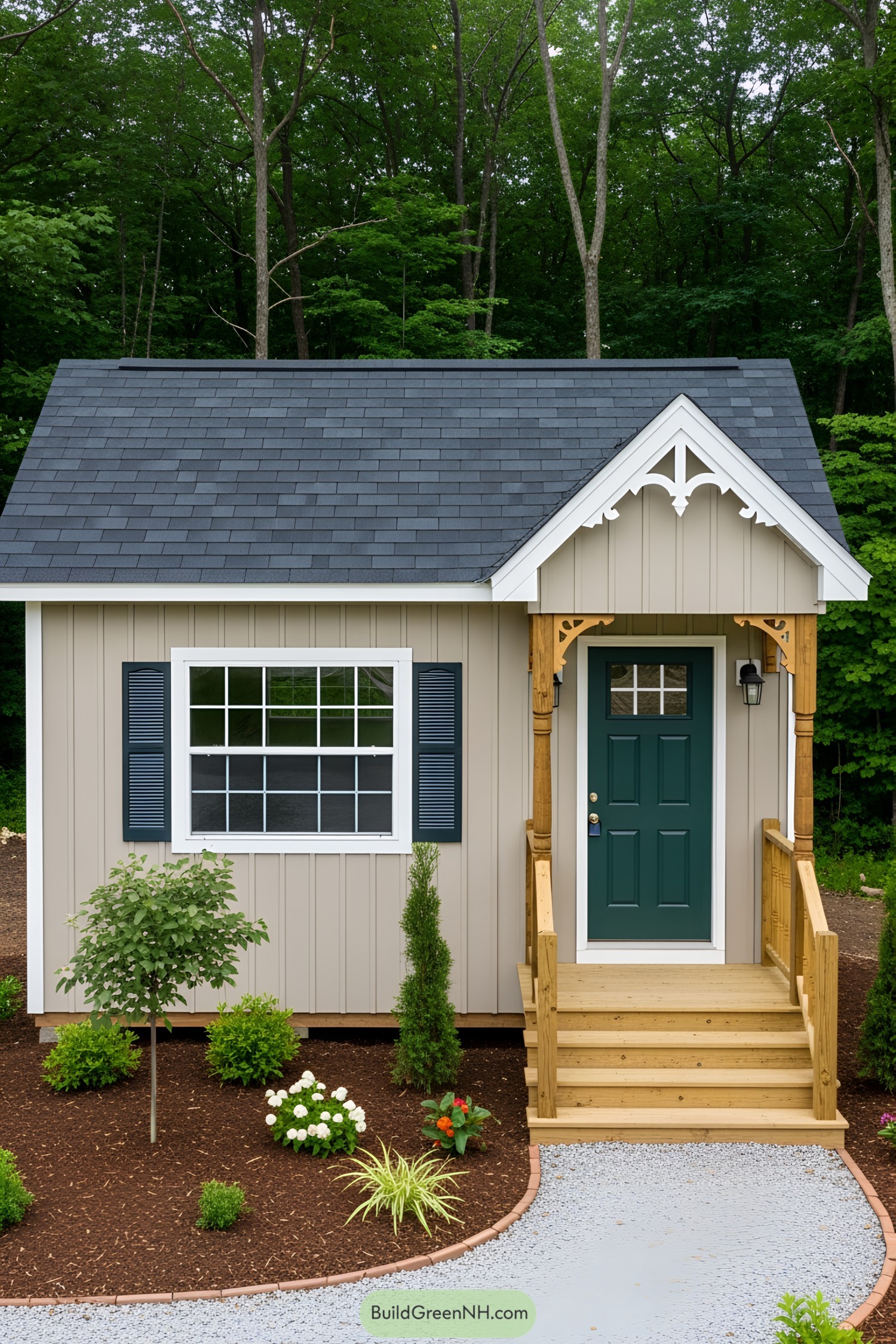 Small gray guest house with a green door