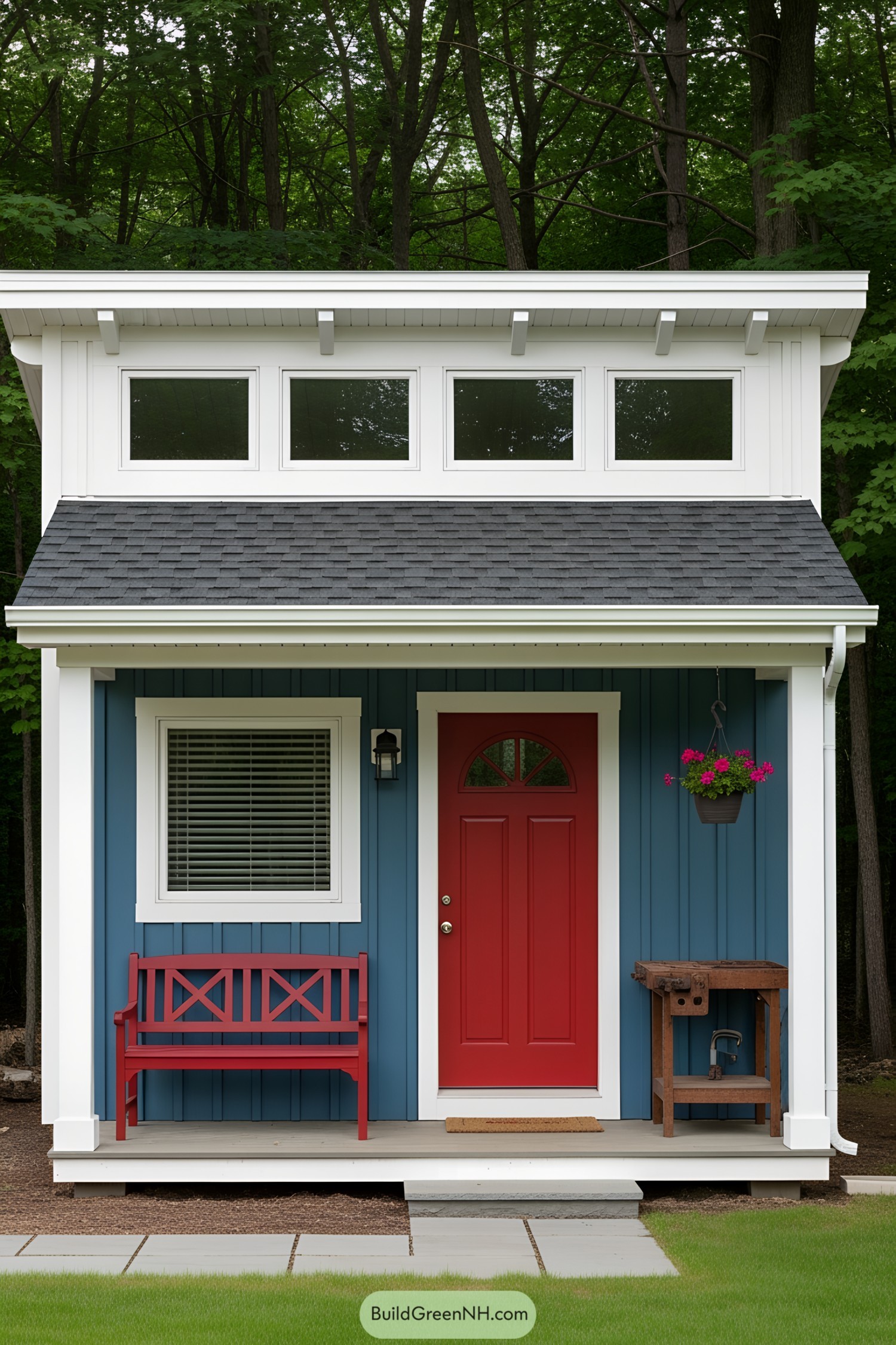 Colorful small guest house with a bright red door