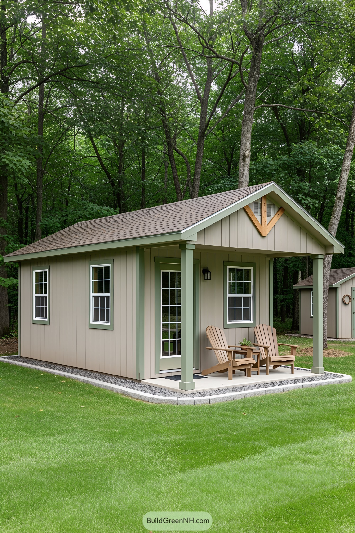 Small guest house shed surrounded by lush trees