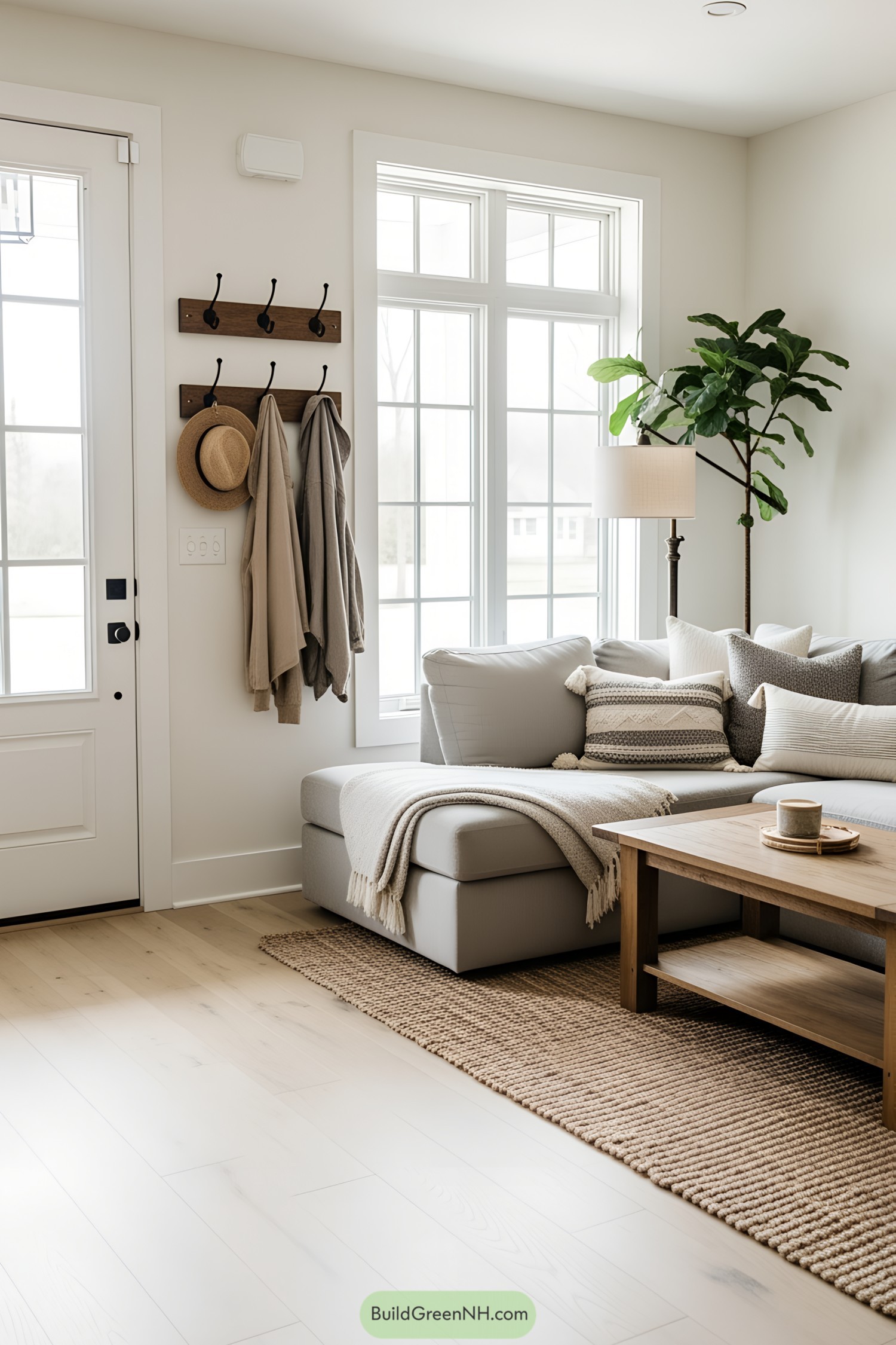 corner of cottage living room interior modern farmhouse style; wide front wall with elements in this order from left to right: closed wooden white front door with large glass grid panels, a wall coat rack, tall window with double grid glass panels; empty wall space; wall corner; sofa seating area in the corner