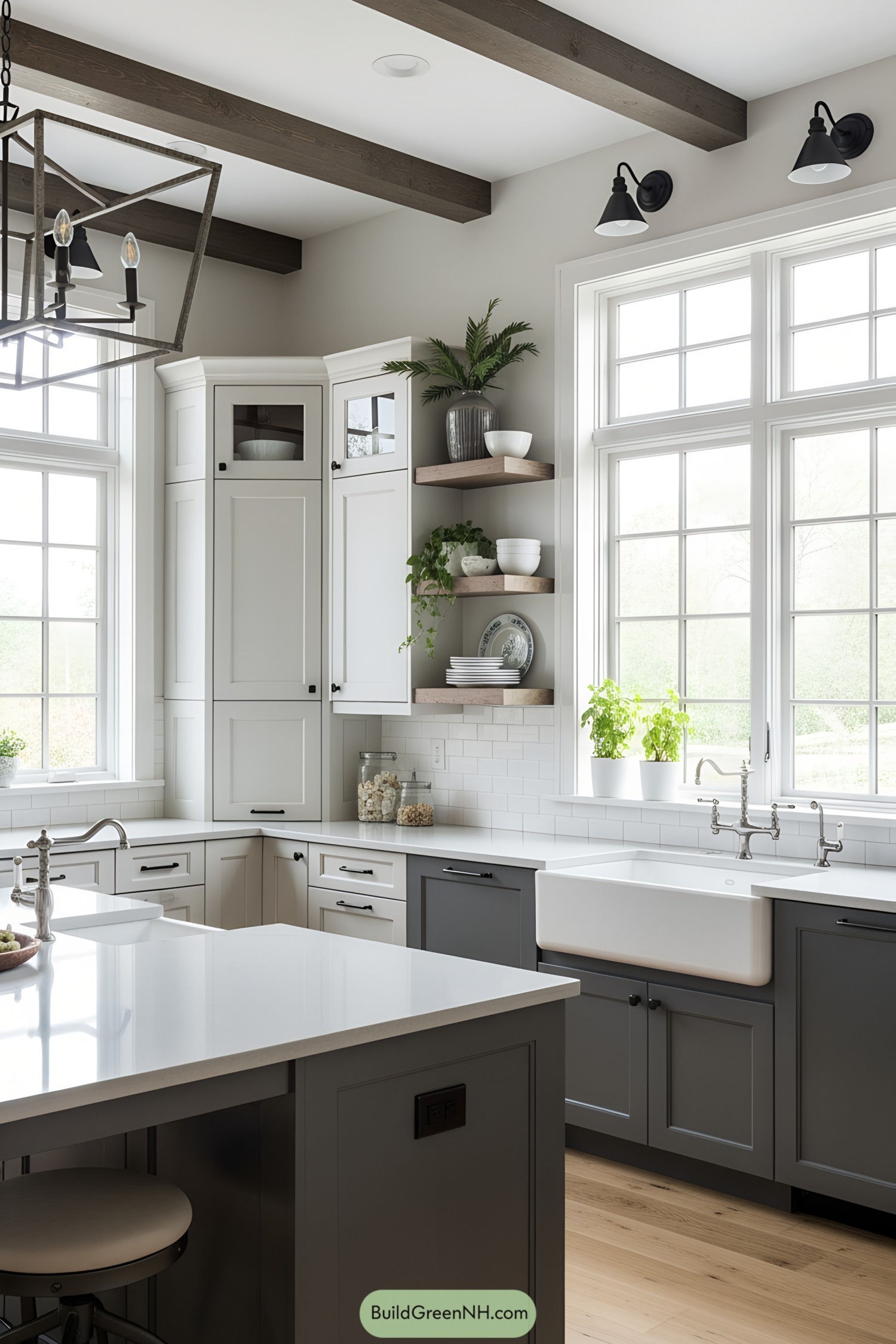 corner of cottage open plan kitchen interior, modern farmhouse style; kitchen island in front; front wall with elements in this order from right to left: countertop with kitchen sink and a double window with grid glass panels above the sink; corner wall cabinets; on the left perpendicular wall a double window with grid glass panels