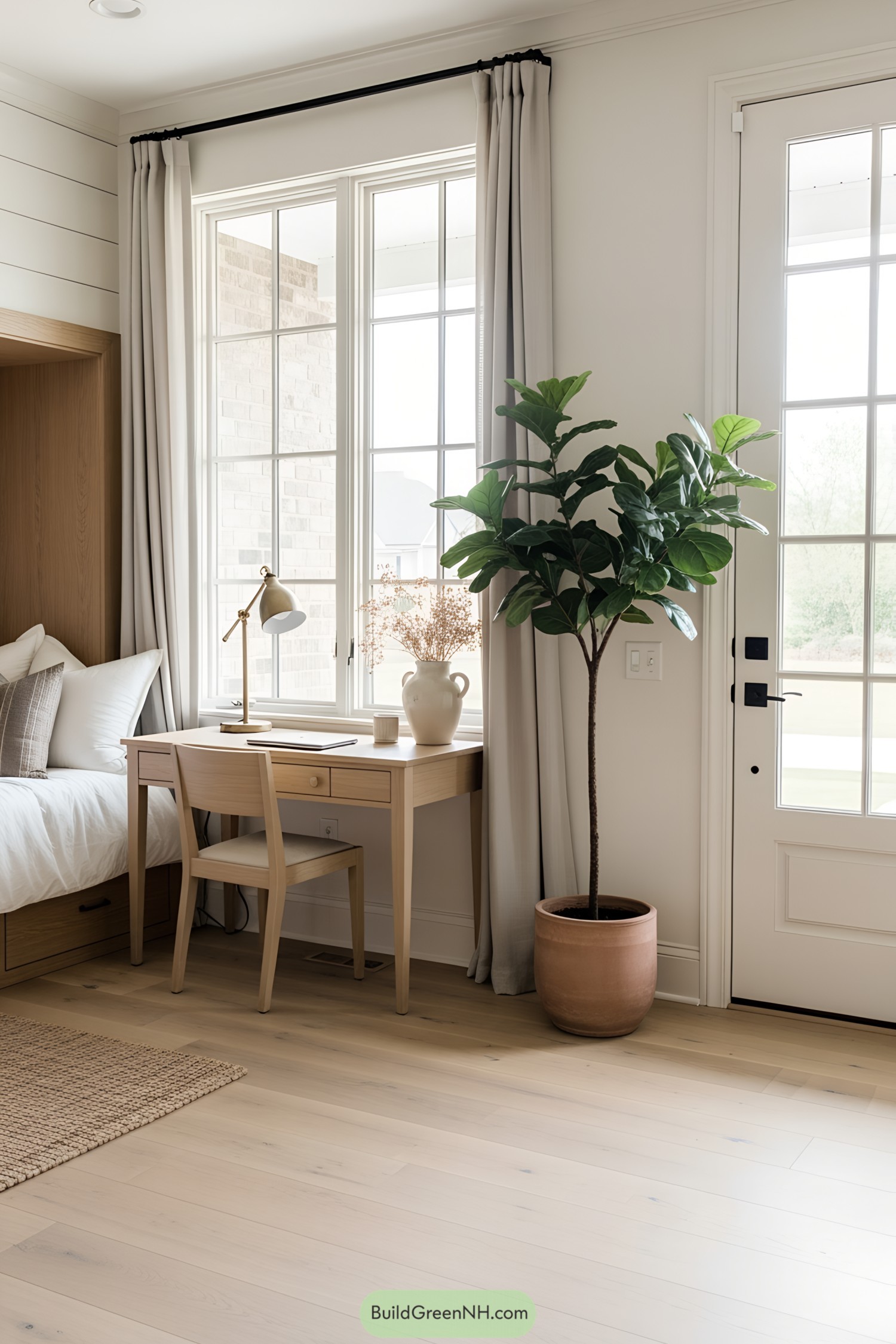 corner of cottage living room interior modern farmhouse style; wide front wall with elements in this order from left to right: wall corner; cozy bed nook in the corner; small desk by the wall; tall window with double grid glass panels; empty wall space and a houseplant; closed wooden white front door with large glass grid panels
