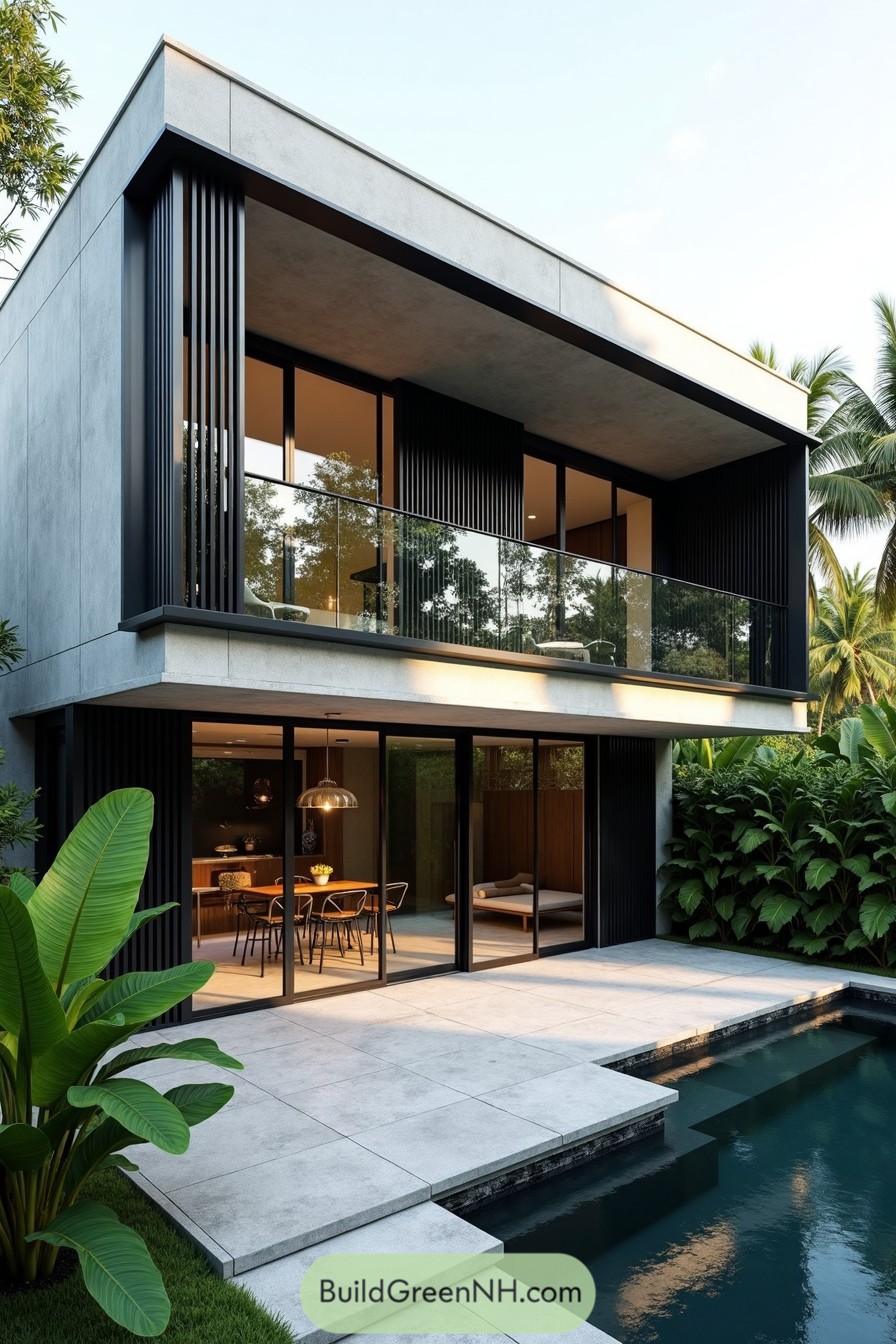 Modern concrete house with pool in a tropical setting