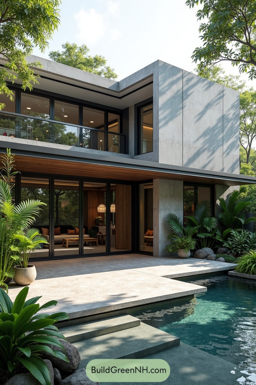 Modern industrial house with glass walls and lush tropical surroundings
