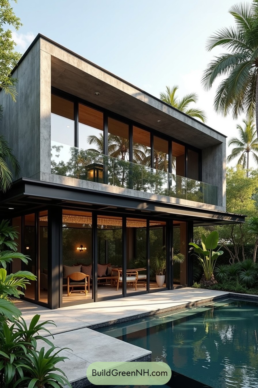 Modern two-story concrete house with large windows and a pool, surrounded by tropical plants