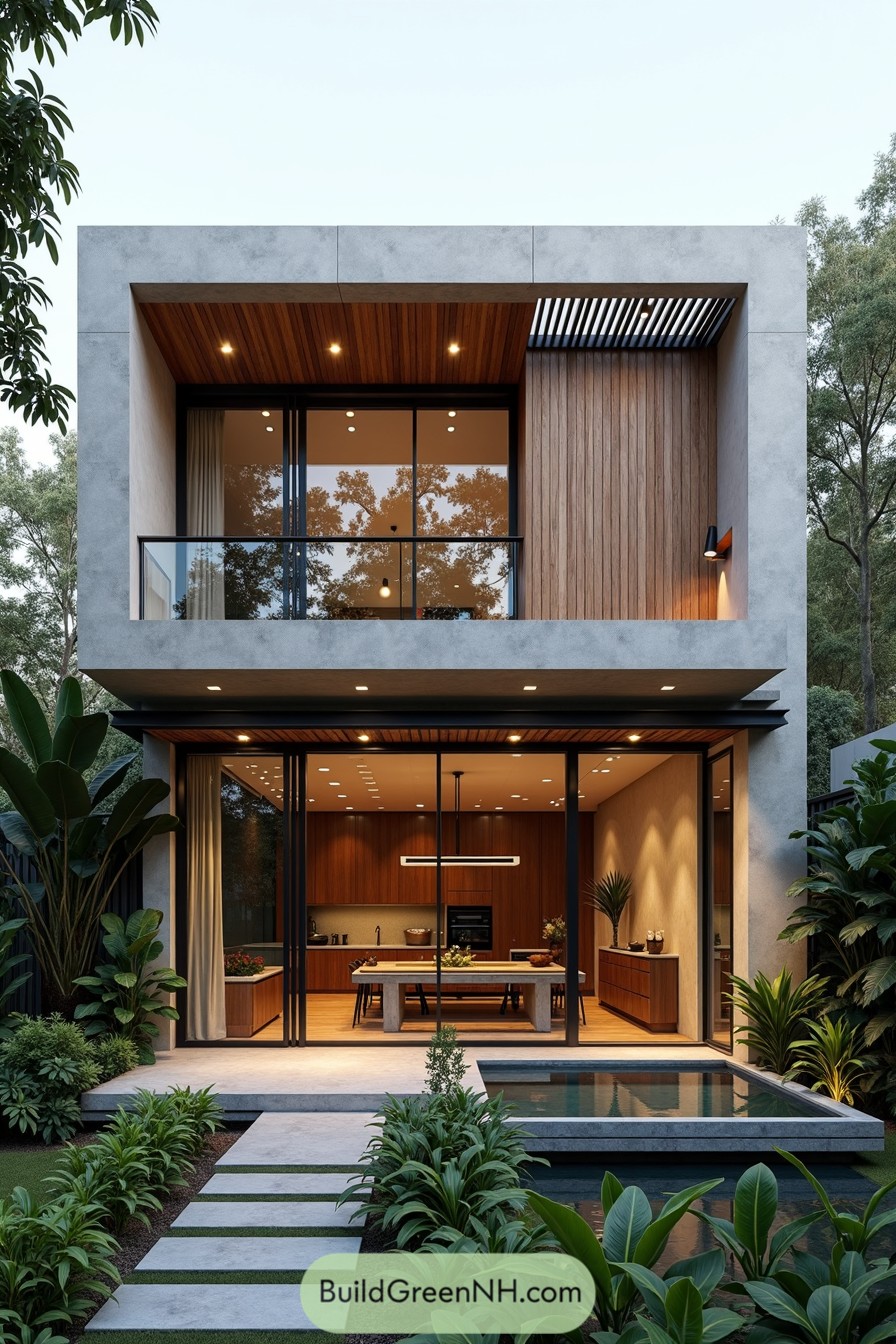 Modern house with large glass windows surrounded by lush greenery