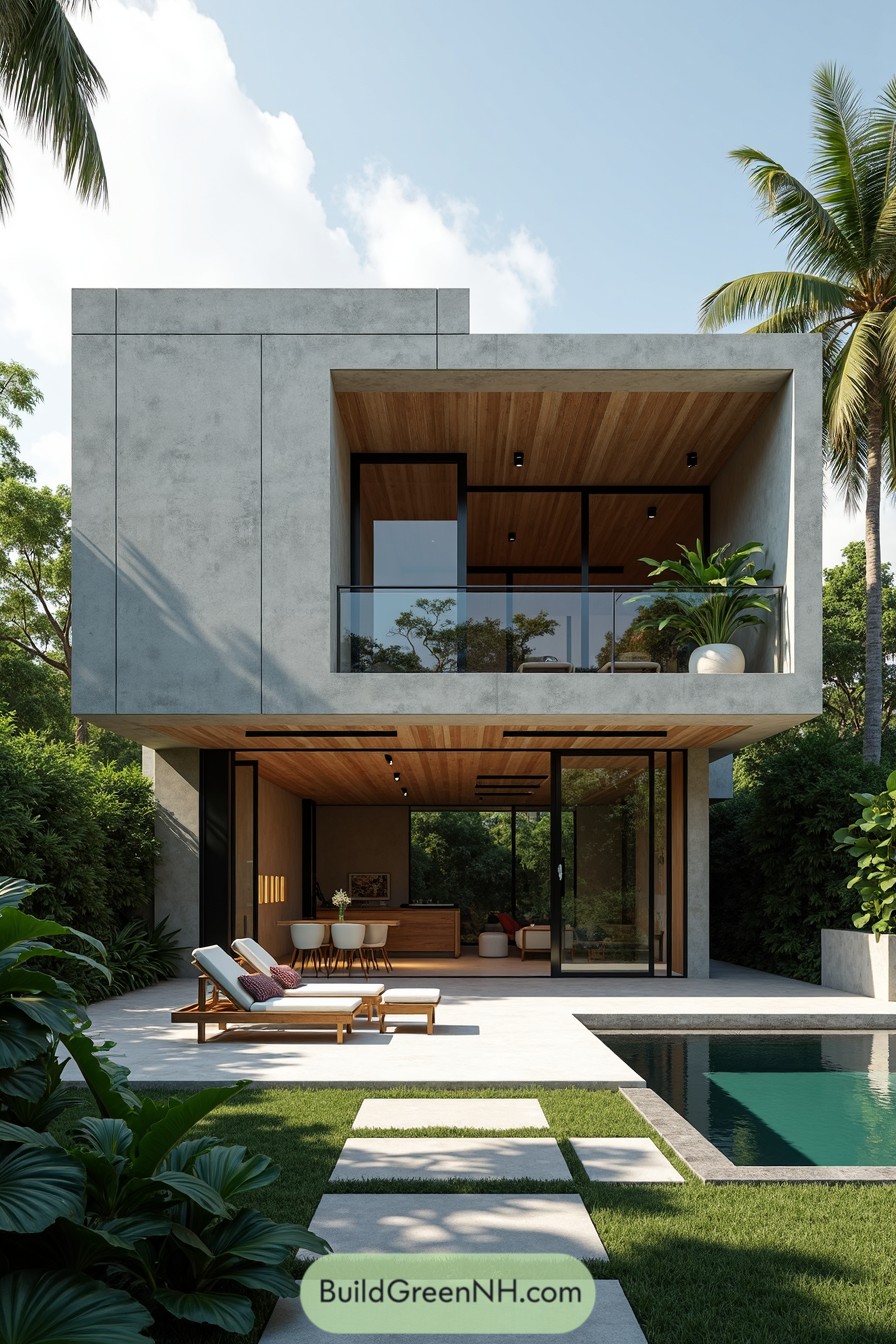 Modern concrete house with pool and greenery