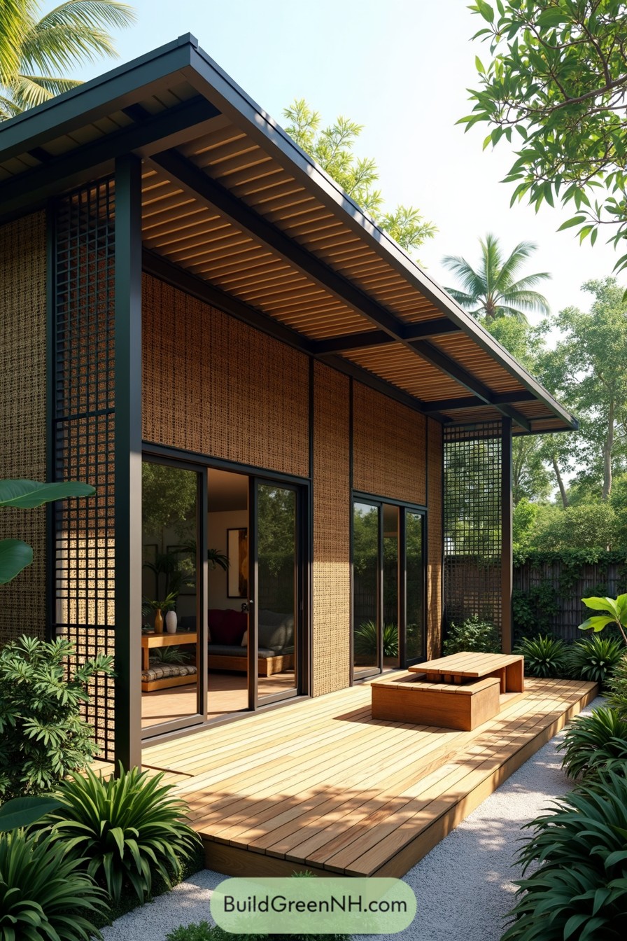 Modern tropical house with wooden accents and lush greenery