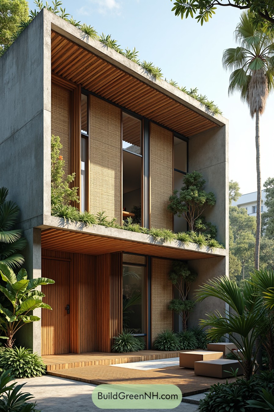 Modern concrete house surrounded by lush greenery